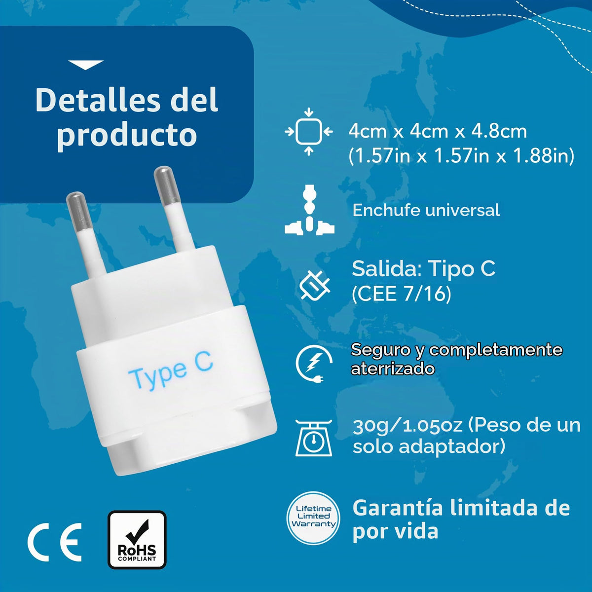 Adaptador de Enchufe Universal Ceptics Negro con Toma a Tierra