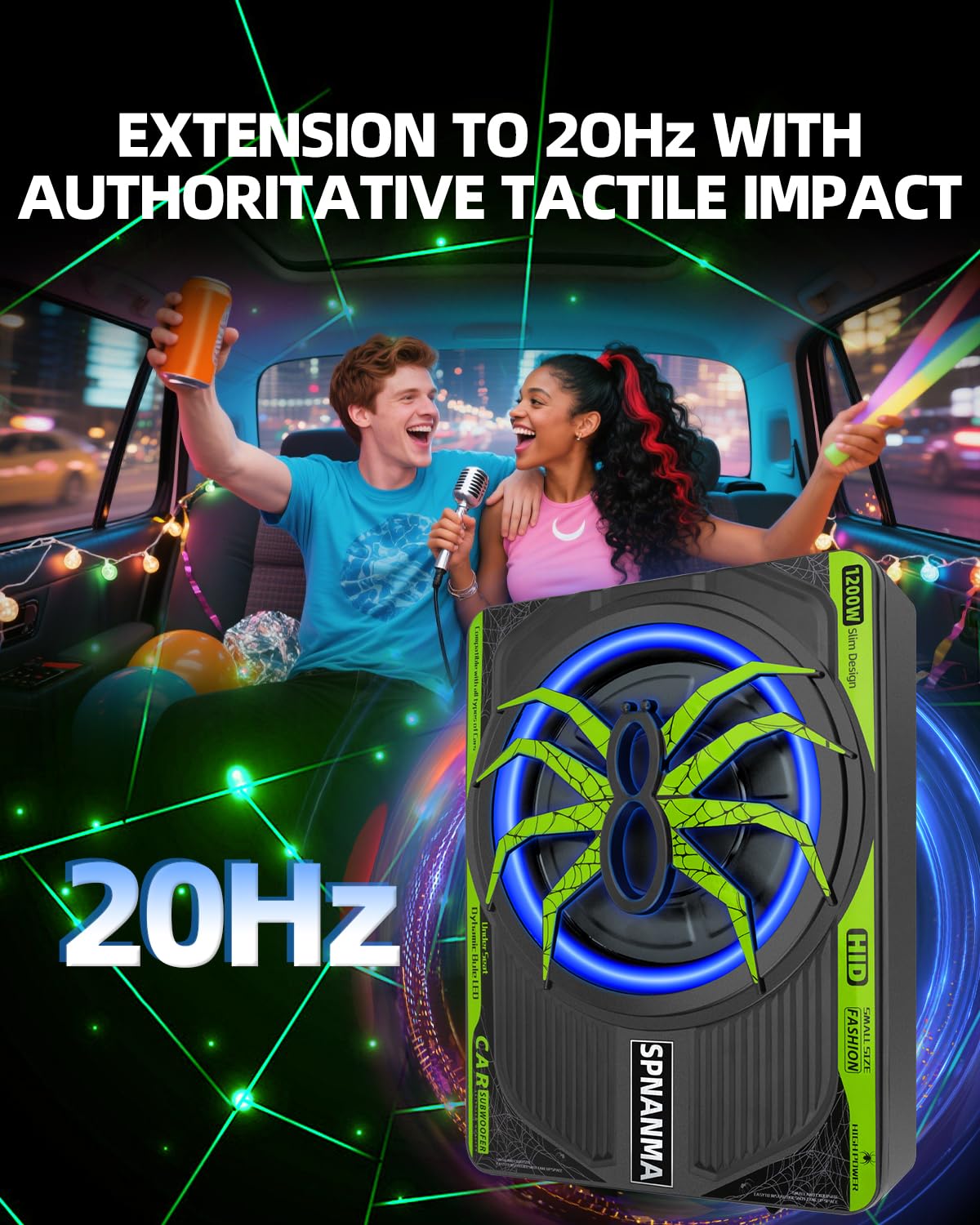 SPNANMA 2025 - Subwoofer y amplificador delgado de 1200 W, 10 pulgadas, para automóvil con luz ambiental, control individual para bajos pasos/ganancias/potenciación, graves de vibración envolvente de