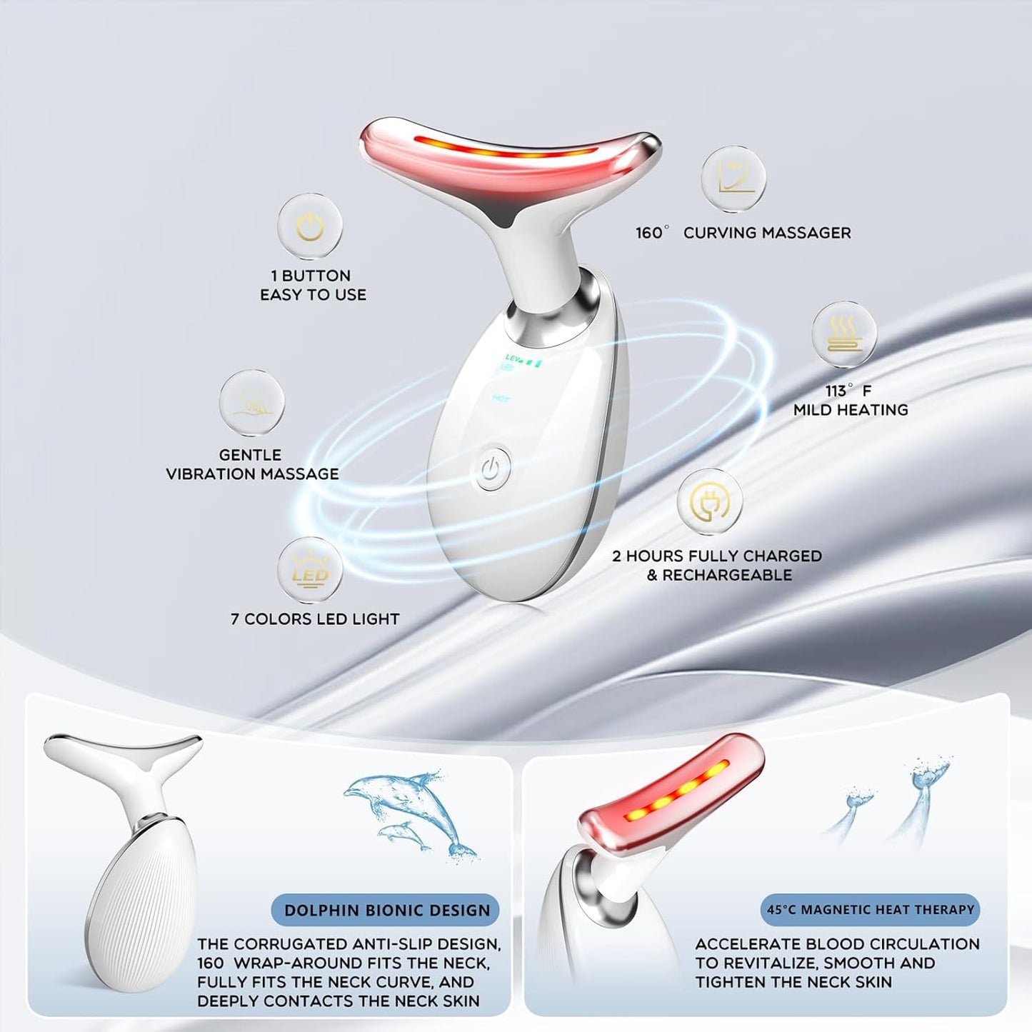 cotsoco Herramienta de masaje facial 7 en 1, terapia de luz roja para rostro y cuello, varita de terapia de luz roja, dispositivo de lifting facial para el cuidado de la piel, blanco