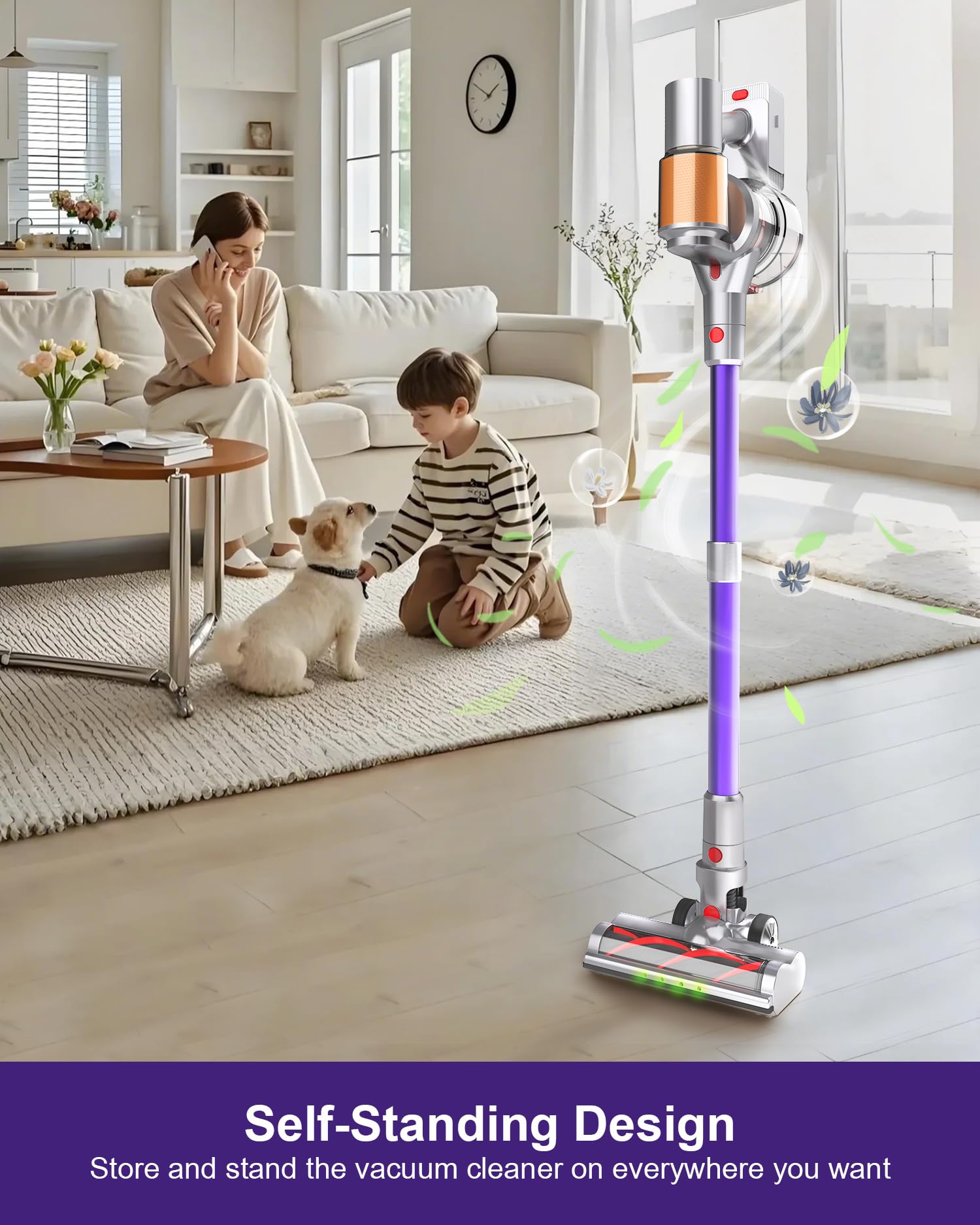 Aspiradora Inalámbrica 45Kpa 550W, 60 Minutos de autonomía Aspirador de Varilla con diseño antienredos, autoportante, Pantalla LED, para Pelo de Mascotas, moqueta y Suelo de Madera Dura
