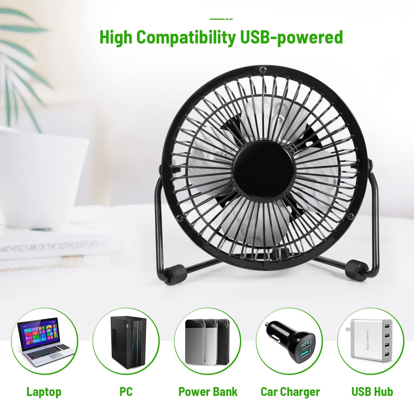 AMKEN - Ventilador de computadora pequeño, ventilador USB de 4 pulgadas alimentado por USB, rotación de 360°, pequeños ventiladores para recámara, oficina, mesa, ventilador de refrigeración personal