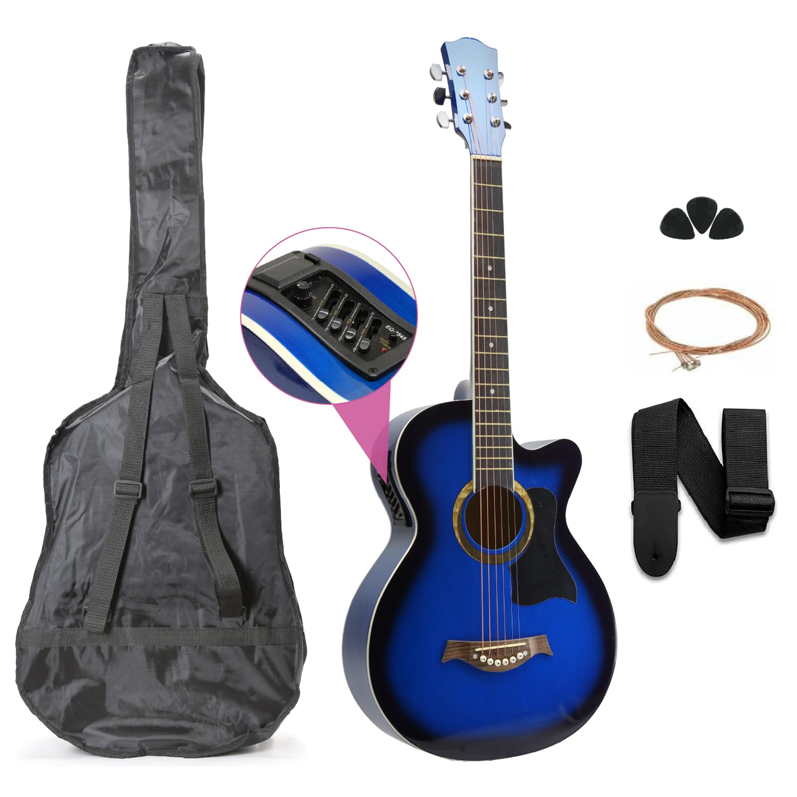 FEMMTO Guitarra Electroacústica con Bolso + Cinta + Púas + Cuerdas extras (Azul)