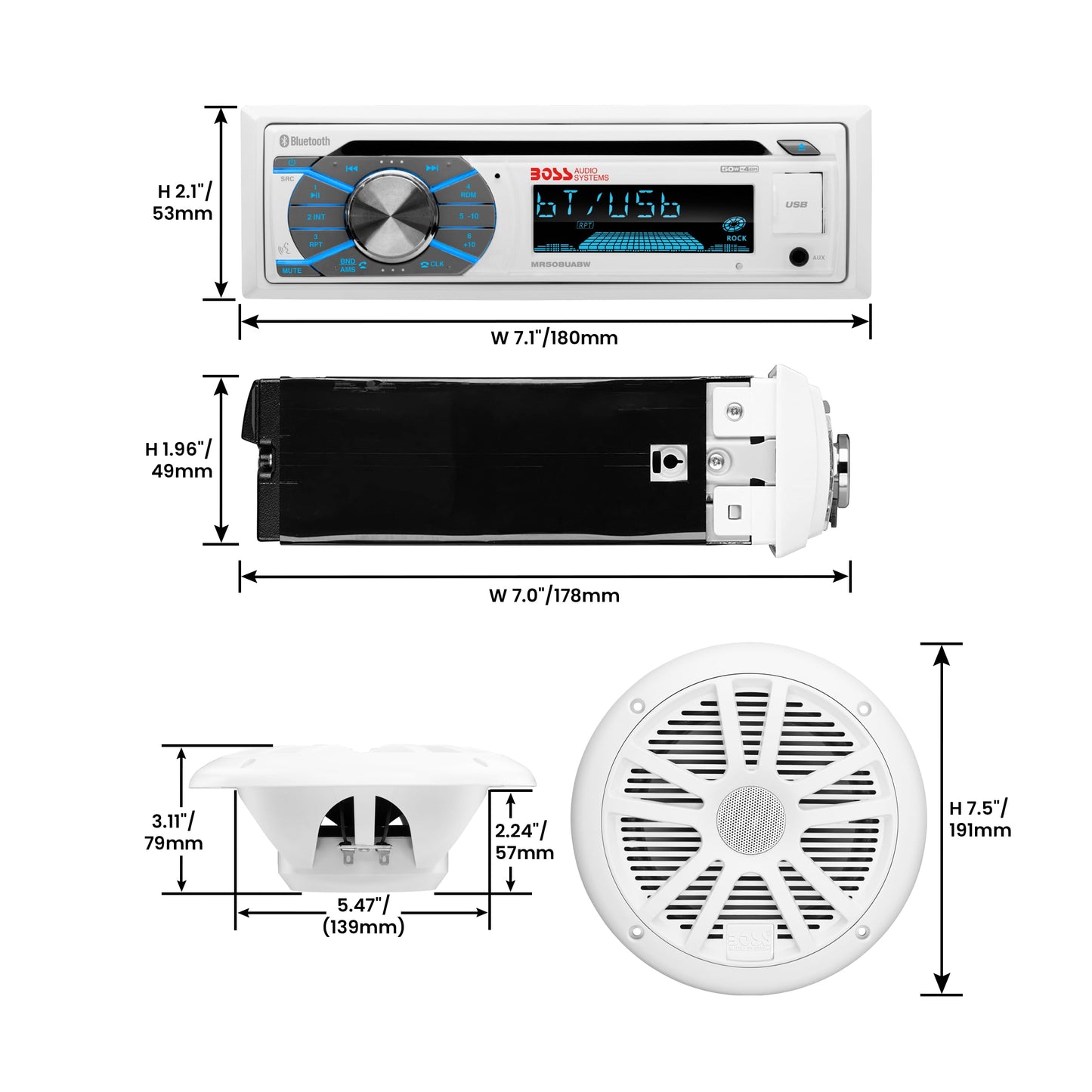 BOSS Audio MCK508WB.64S Receiver / Speaker Package, Bluetooth, CD/MP3/USB/SD AM/FM Marine Stereo, Wireless Remote, Four 6.5 Inch Speakers, Antenna, Auxiliary Cable