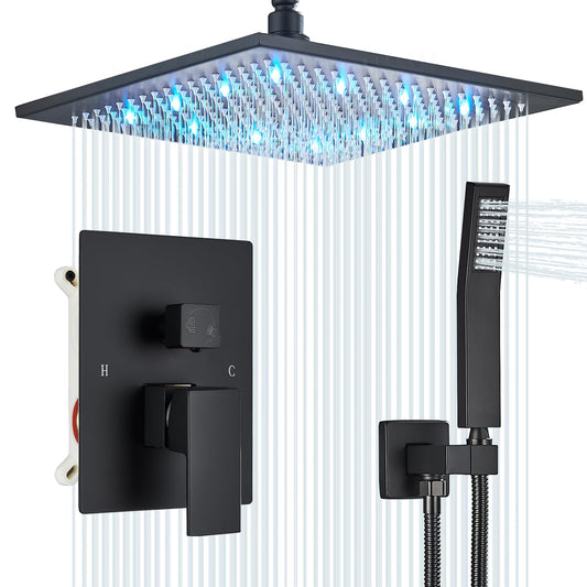 Juego de Grifos de Ducha de Montaje en Techo LED Negro Mate con Sistema Completo de Ducha de 12 Pulgadas