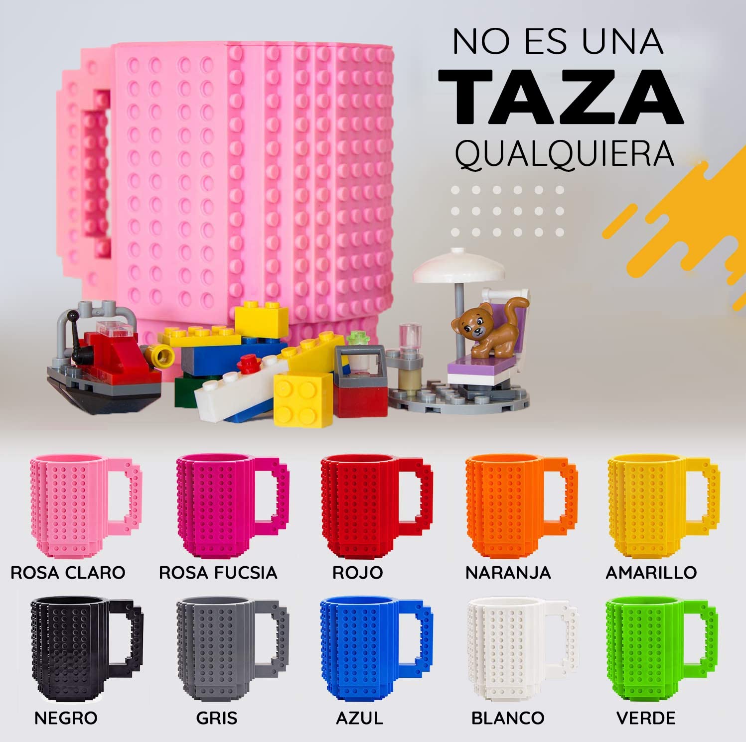 John & John Taza armable de diseño Divertido para Ladrillos, Incluye un muñeco y 2 Sets de Bloques de construcción para Jugar (10 Colores) - Rosa Claro