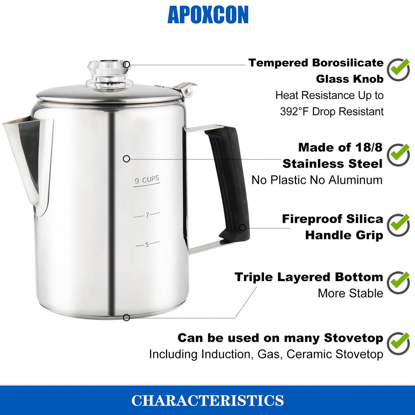 Cafetera APOXCON Plata de Acero Inoxidable con Pomos de Vidrio Borosilicato para Estufa y Camping, 9 Tazas