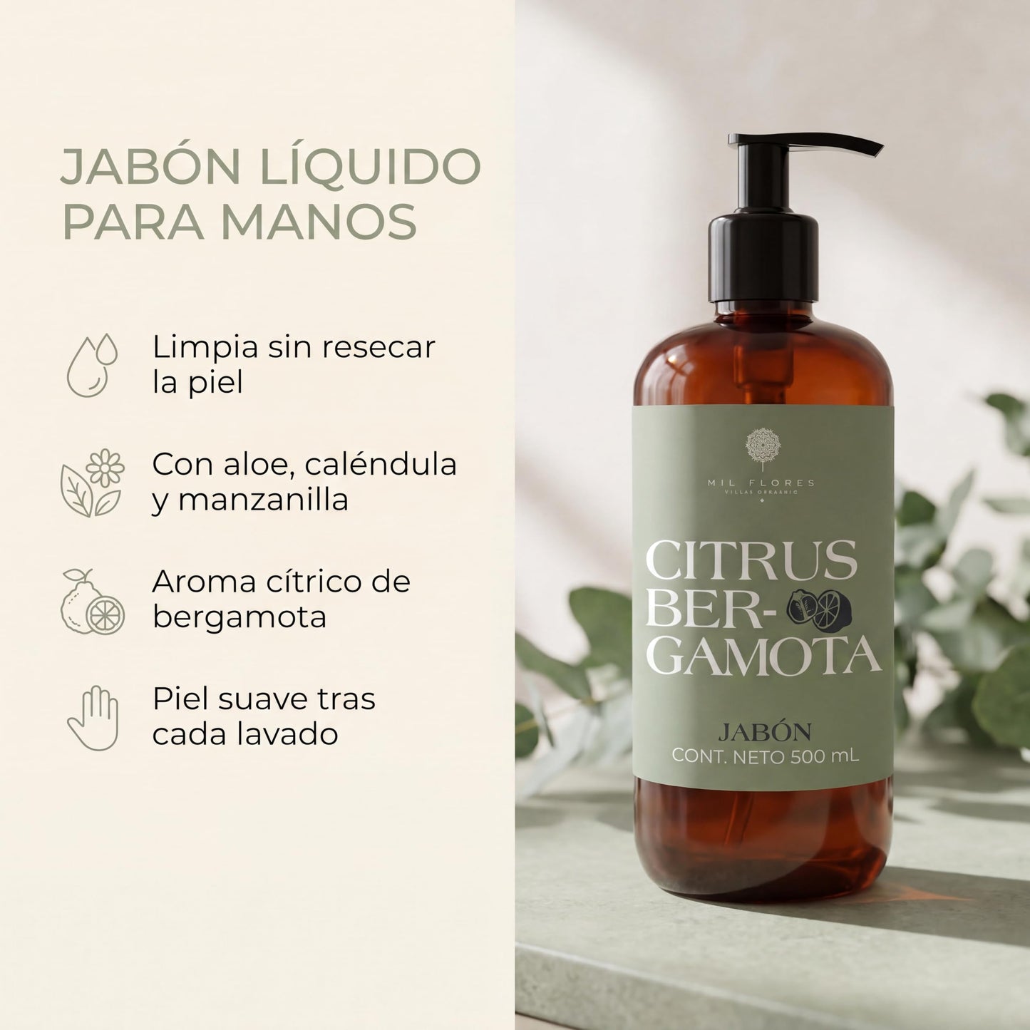 Mil Flores — Jabón Líquido Premium para Manos 500 ml CITRUS BERGAMOTA | Ritual de Aromaterapia | Hidrata y Cuida la Piel | Esencias 100% Naturales