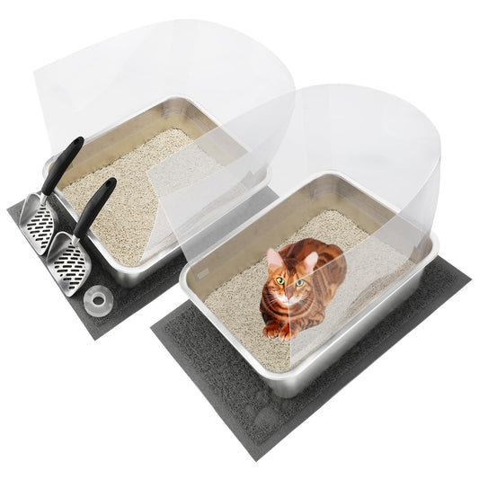 Juego de Cajas de Arena de Acero Inoxidable YUEPET Plata con Lados Altos y Control de Olores para Gatos