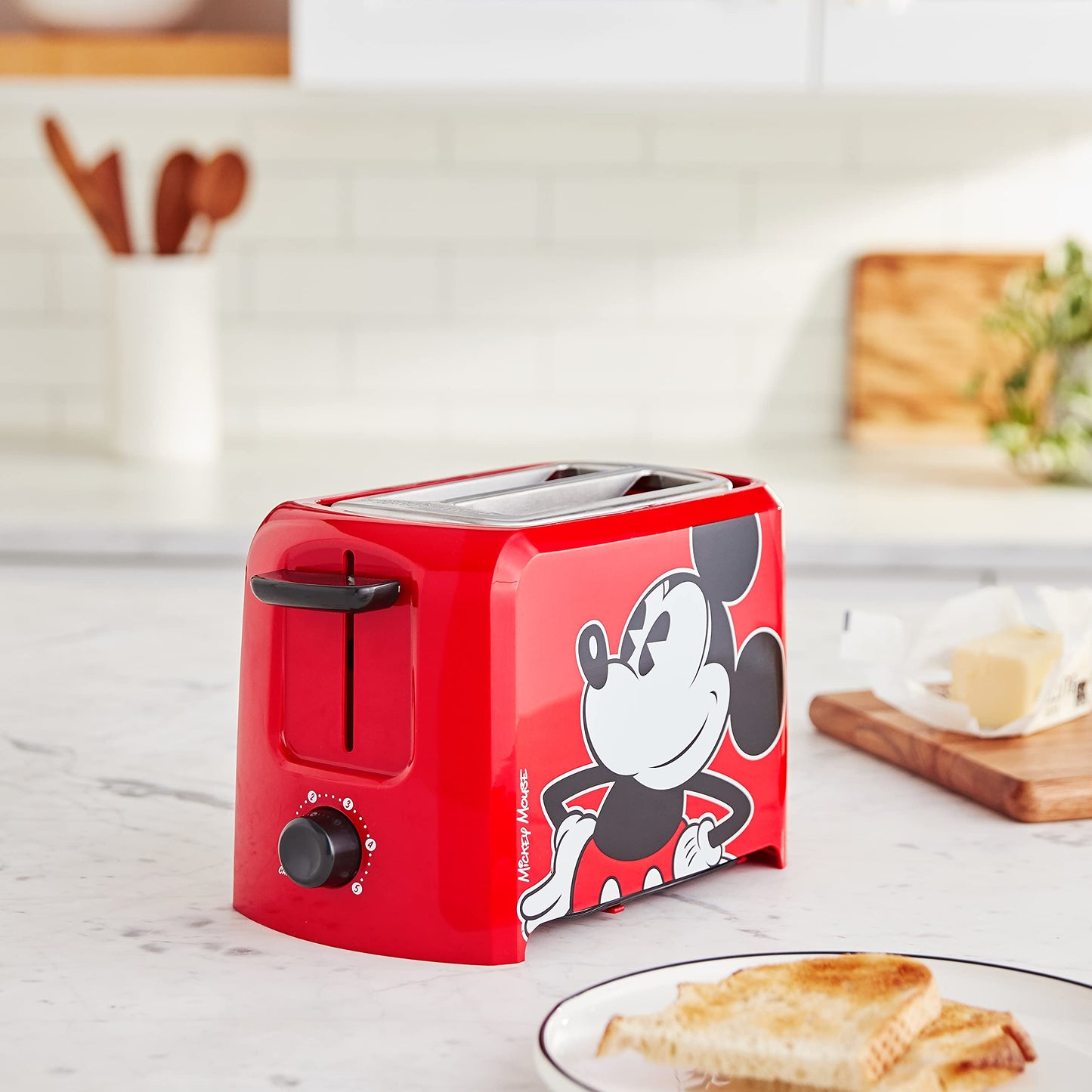 tostador Disney Mickey Mouse de 2 rebanadas de Select Brands – tostador Mickey Mouse para accesorios de cocina Disney, cuenta con bandeja para migas y levantamiento de tostadas de alta altura, regalo