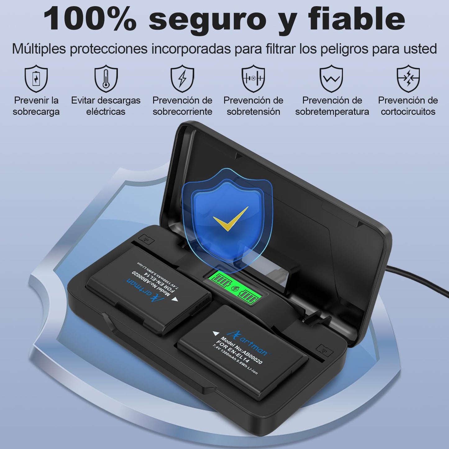 Artman EN-EL14 EN-EL14a Batería 1400mAh 2-Pack con USB-C 20W Fast Dual Channel Charge Case para Nikon D3100 D3200 D3300 D3400 D3500 D5100 D5200 D5300 D5500 D5600 DF Coolpix P7000 P7700 P7800 Cámaras