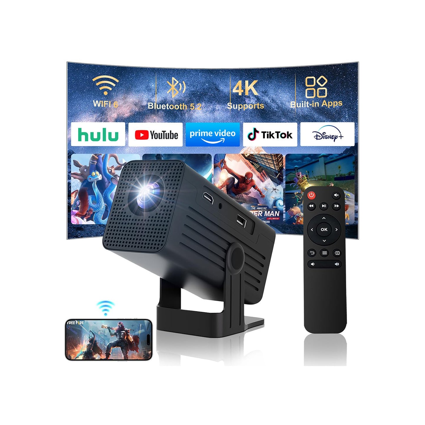 Miniproyector con WiFi y Bluetooth, Compatible con 4K, 260 ANSI lúmenes, proyector portátil Inteligente, corrección Trapezoidal automática, rotación de 135 Grados, proyector de Video para Exteriores