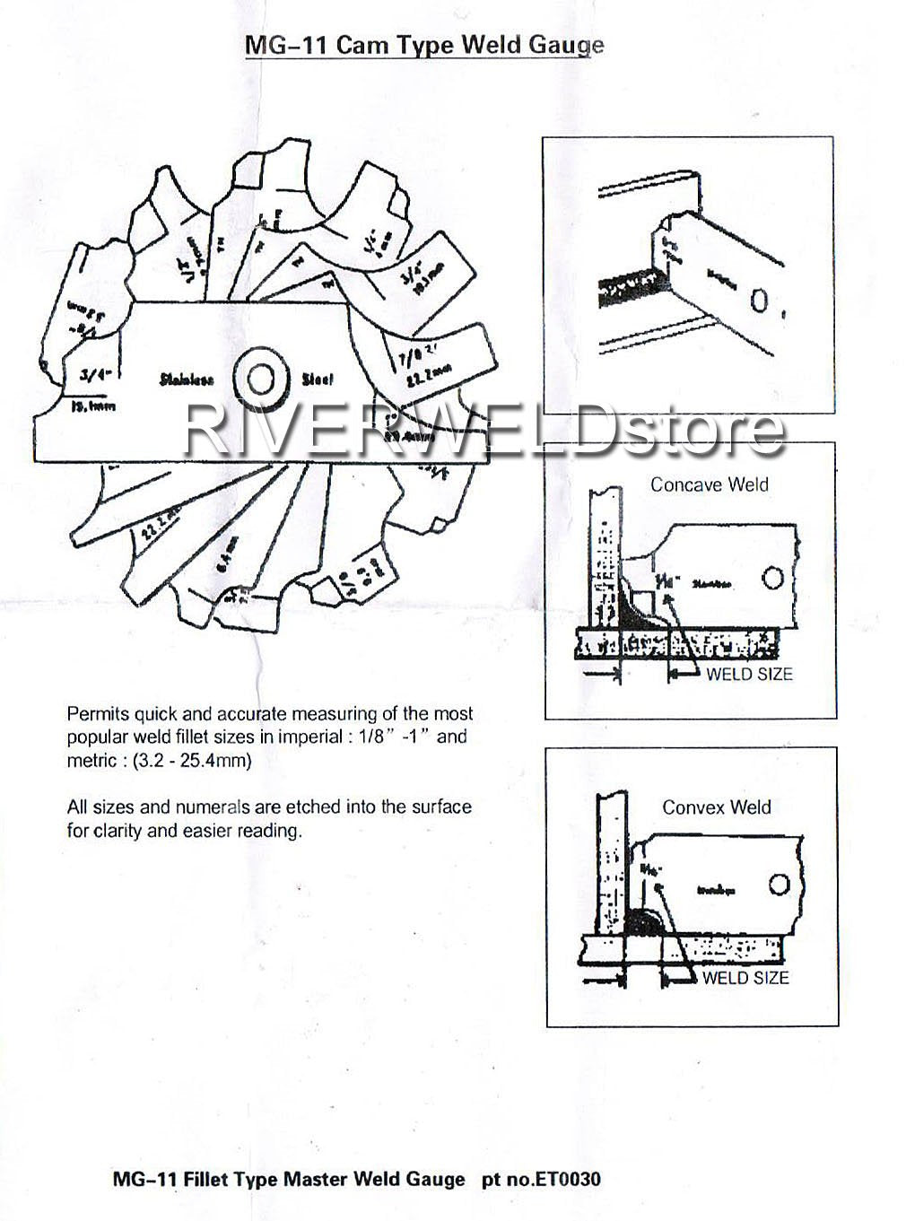 RIVERWELD Juego de 7 piezas para soldadura de filete, calibre MG-11 RL, calibres de soldadura, profundidad, marcas de inspección métricas, comprobación del tamaño de la garganta del filete
