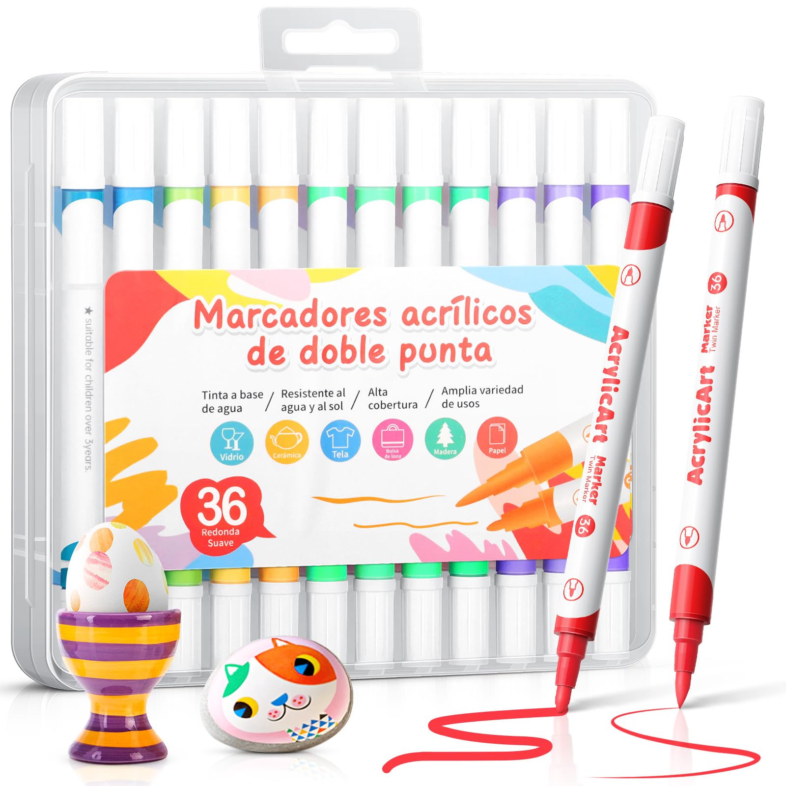 36 Colores Marcadores de Pintura Acrílica de Doble Punta Tinta de Secado Rápido Colores Brillantes Resistentes al Agua y al sol Fáciles de Llevar Aplicables en Papel Vidrio Cerámica y Más