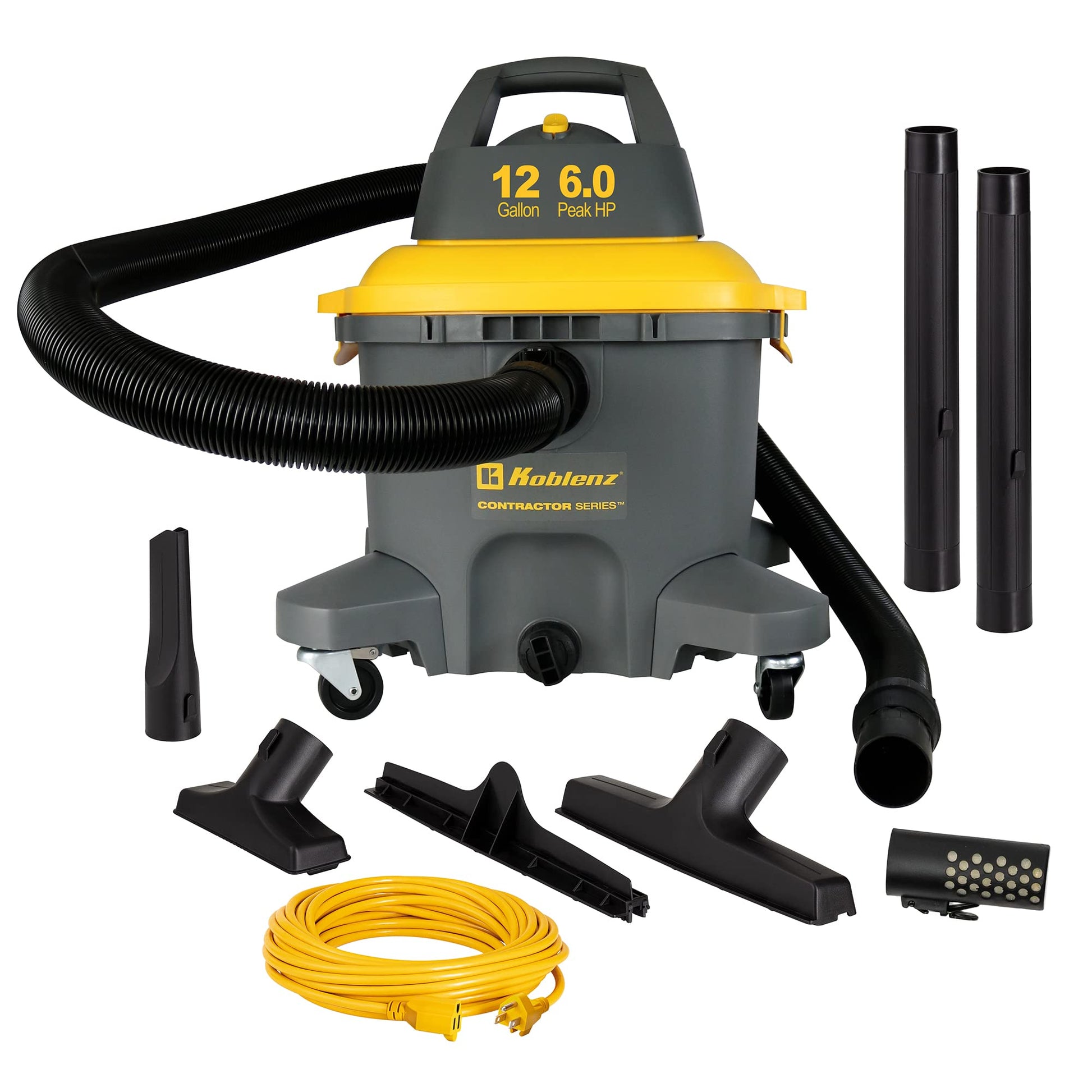 Aspiradora Húmeda Seca Koblenz Gris Amarillo Contratista 12 Galones 6.0HP Cable a Tierra de 35 Pies