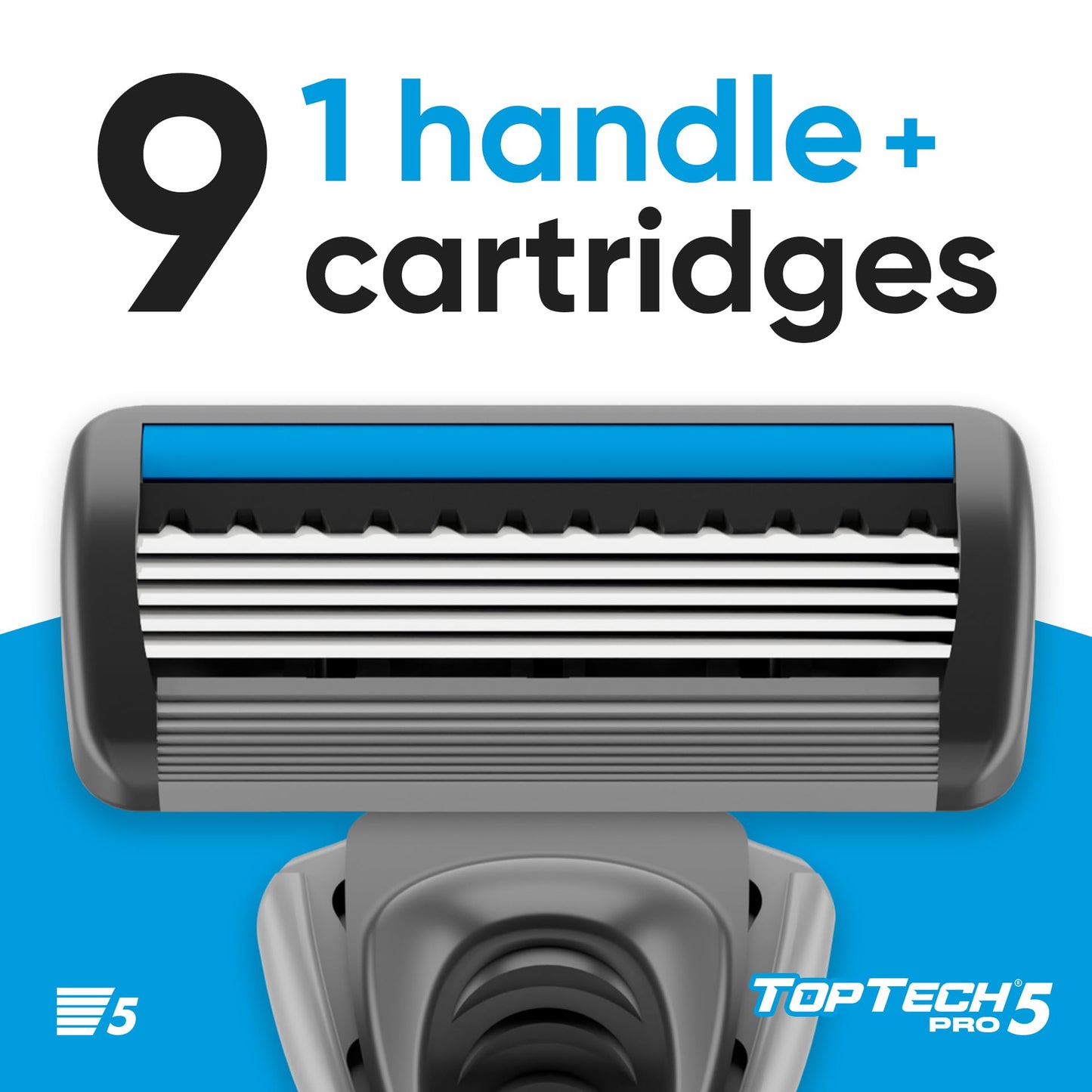 TopTech PRO 5 Rastrillo para Afeitar Hombre Reutilizable - Afeitadora Manual con Cartuchos Reemplazables - Tecnología de 5 Cuchillas - Pack de 9 Unidades (1 Mango + 8 Recambios) - Afeitado Suave y Cuchillas Afiladas - Recambios Económicos