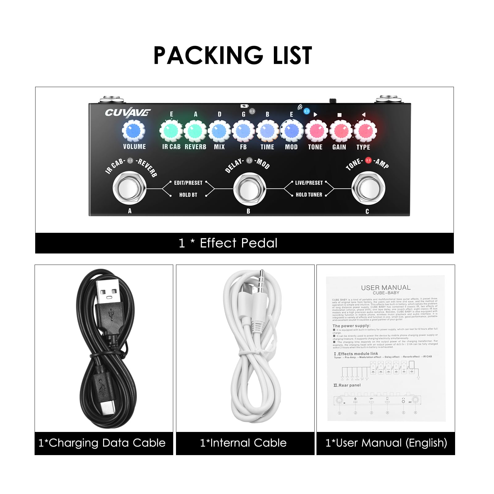 HUIOP CUVAVE CUBE BABY Pedal de efectos combinados para guitarra eléctrica multifuncional portátil con reproducción de música inalámbrica Grabación de teléfono Función de interfaz tipo C de audio,Peda