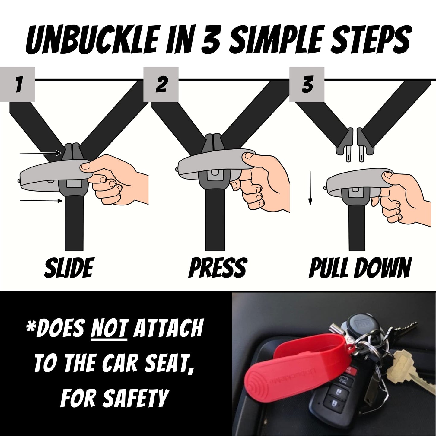 UnbuckleMe - Herramienta de liberación de hebilla de asiento de coche, ayuda fácil de abrir para artritis, uñas largas, niños mayores, empujador de botón para bebés, niños pequeños, asientos