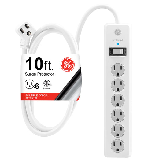 GE Tira Multicontactos De 6 Salidas Con Supresor De Picos Y Enchufe Plano, Cable De Extensión De 3 Metros (10 Pies), 800 Julios, Cubiertas De Seguridad Con Giro Para Cerrar, Blanco, 1 Unidad, 14092