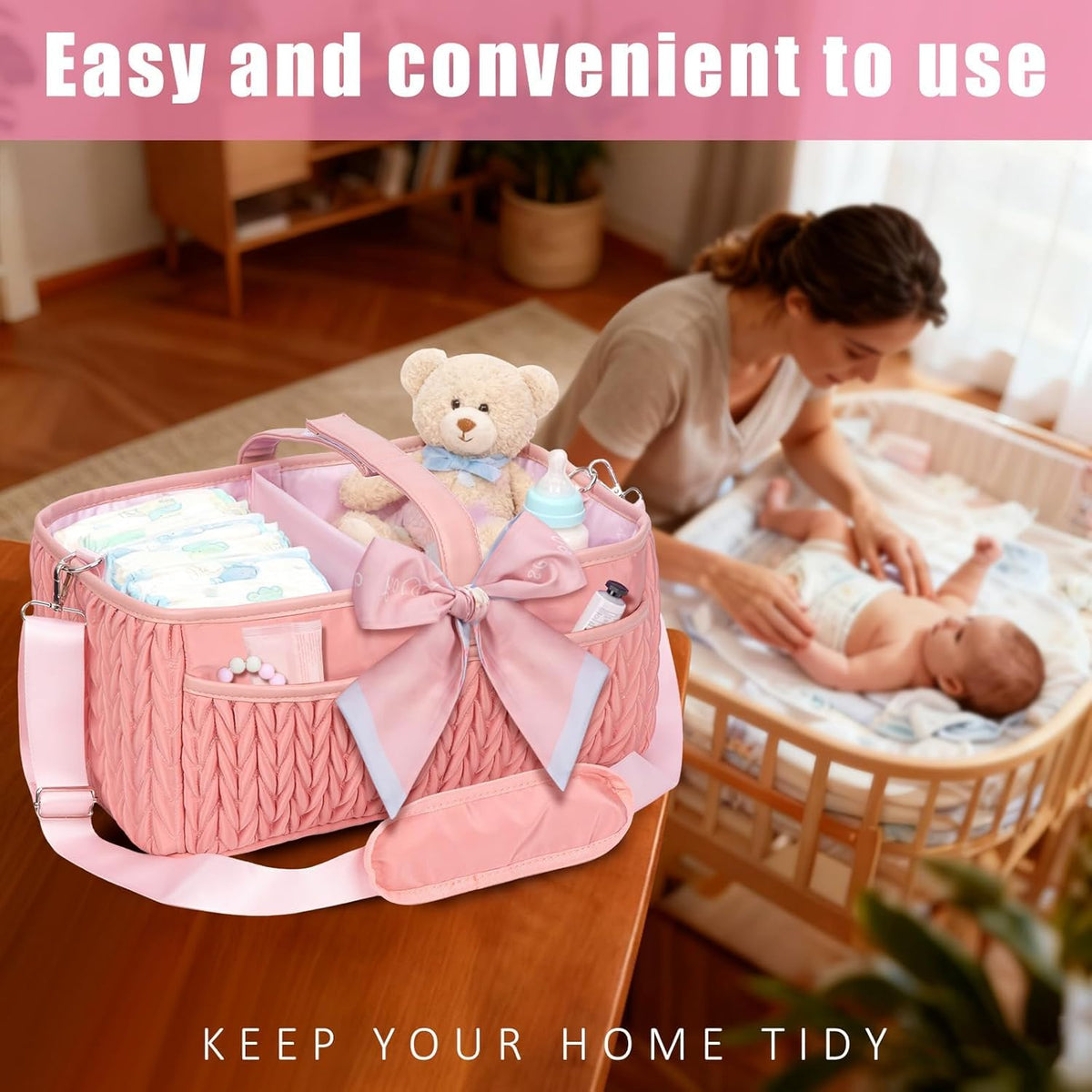 HLWDFLZ Organizador de pañales para bebé, Cesta Grande para pañales con Correa de Hombro Ajustable, Bolsa de Viaje portátil para automóvil con Clips para Cochecito, Esencial para recién Nacidos G