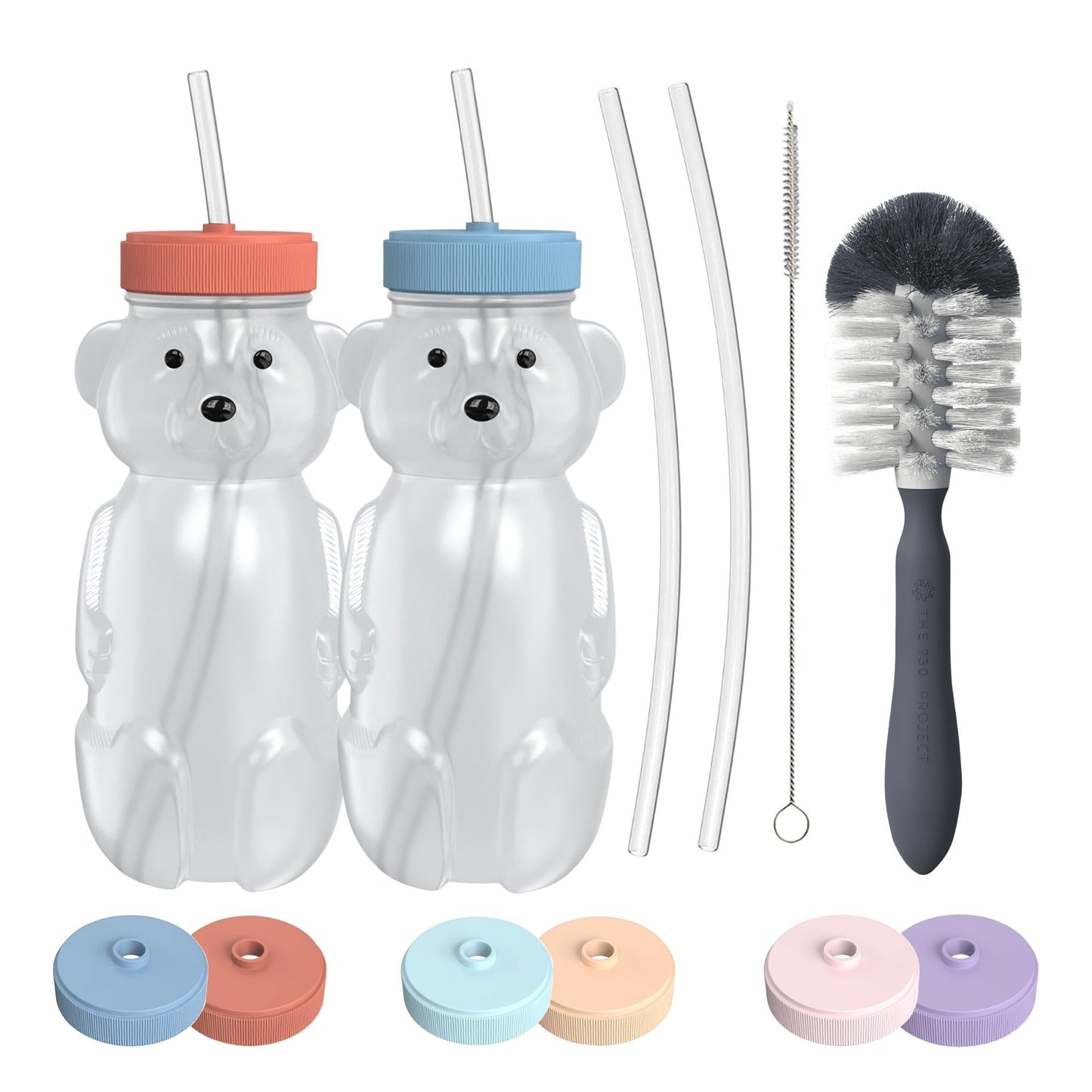 The 730 Project Honey Bear - Taza de paja para bebés, 8 onzas con cepillo para polvo para botella, paquete de 2 tapas mejoradas, terapia de aprendizaje de oso de miel para pastel de arándanos y