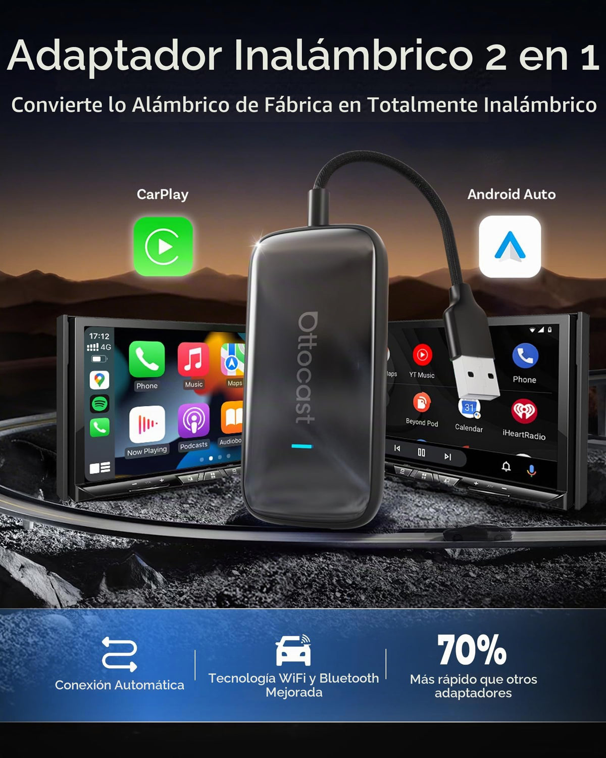 Adaptador Inalámbrico OTTOCAST Play2Video Ultra WiFi 5 GHz Compatible CarPlay y Android Auto para Coche