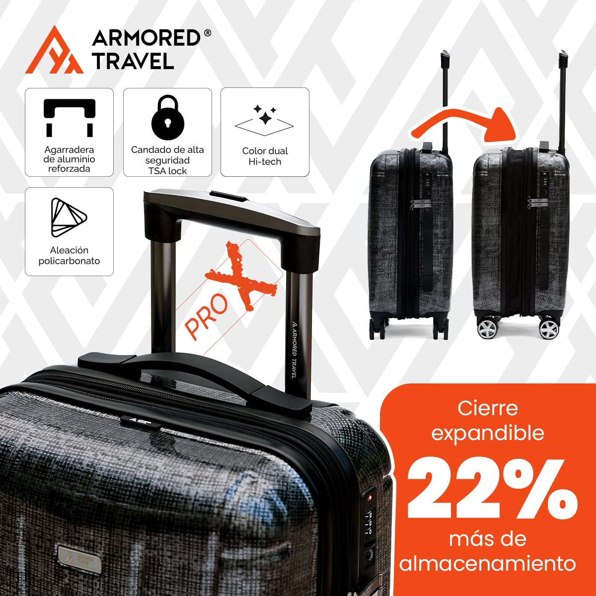 Maleta De Viaje Carry On 20" de Mano Cabina Policarbonato 10kg Rígida Expandible PRO-X Con * TSA Lock * Luggage suitcase Armored Travel (Negro-Dark)