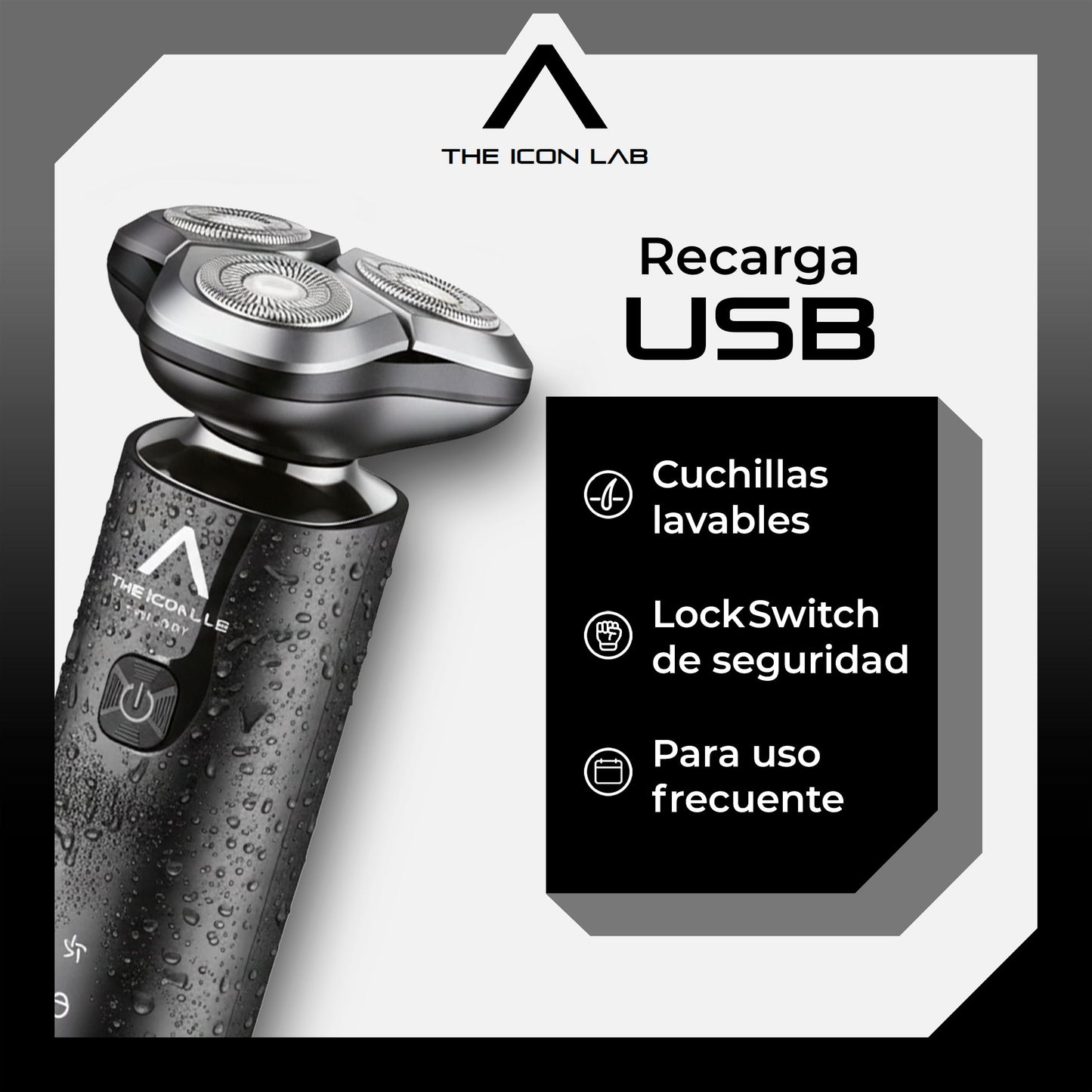THE ICON LAB | Afeitadora Eléctrica Hombre Inalámbrica | Cabezal Flotante con 3 Cuchillas de Doble Anillo | Motor 9000 RPM | 2 Velocidades | Pantalla LCD | Resistente al Agua | Recargable USB
