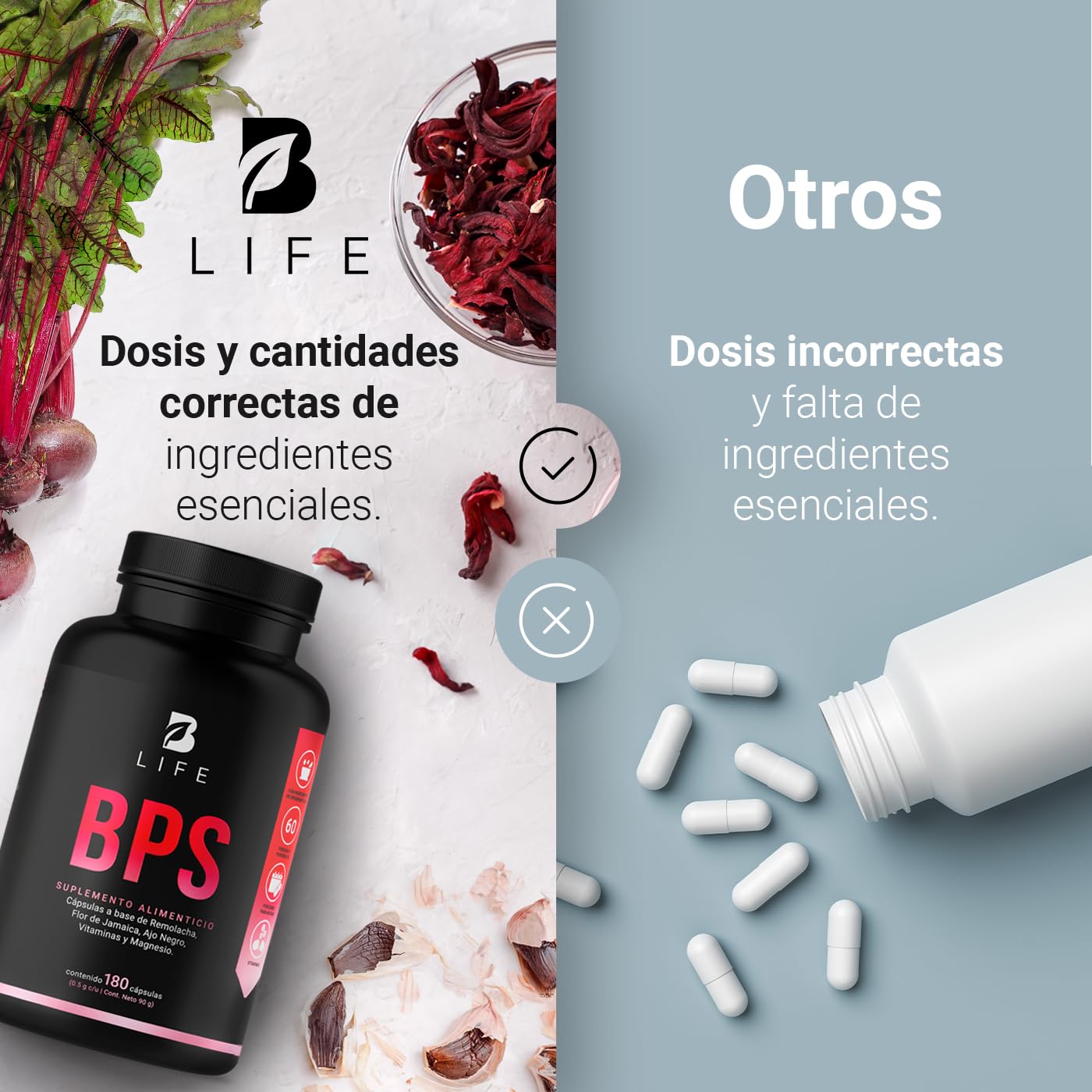 BPS con 180 Cápsulas. 1500 mg por porción de Betabel (Remolacha), Flor de Jamaica, Ajo Negro, Vitaminas y Magnesio. Ingredientes Naturales. BPS B Life.