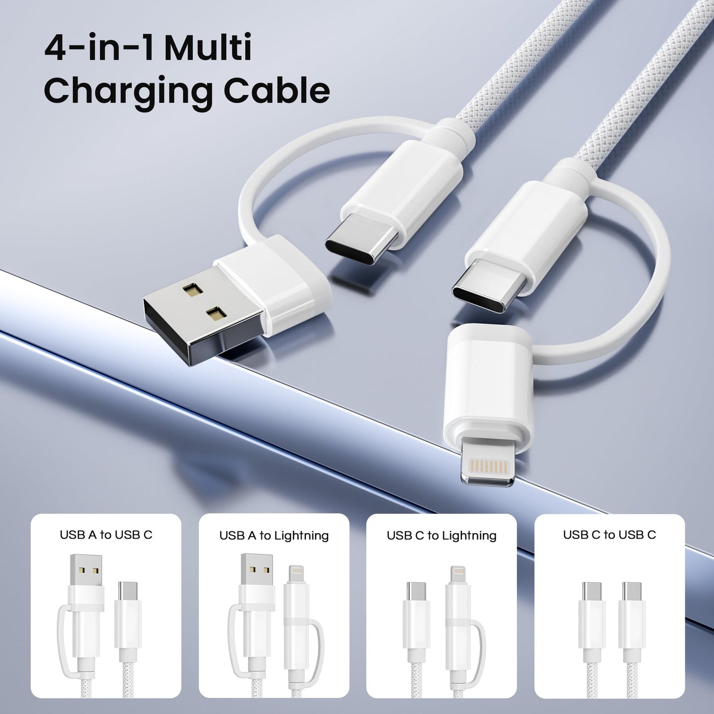 Basesailor Cable cargador múltiple rápido 60W,4 en 1 USB a USBC 2M,con USB A/Lightning/Type C para iPhone 15 14 13 12 11 Mini Max,Apple iWatch 9 8,MacBook Pro,iPad Air,S25 S24 S23 S22 Plus Ultra,16,17