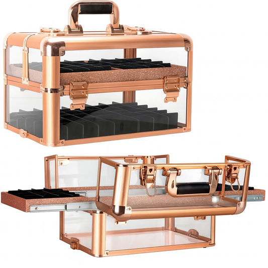Ver Beauty Rose gold acrylic armored easy slide tray professional cosmetic makeup nail case with foundation holder - vp014, Rose Gold Acrylic