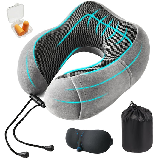 Jasonwell Almohada de Viaje Cuello - Almohada de Viaje para Cuello Portátil de Espuma de Memoria con Máscara de Ojos 3D Tapones para los oídos y Bolsa Soporte de Cuello para Avión Oficina (Gris claro)