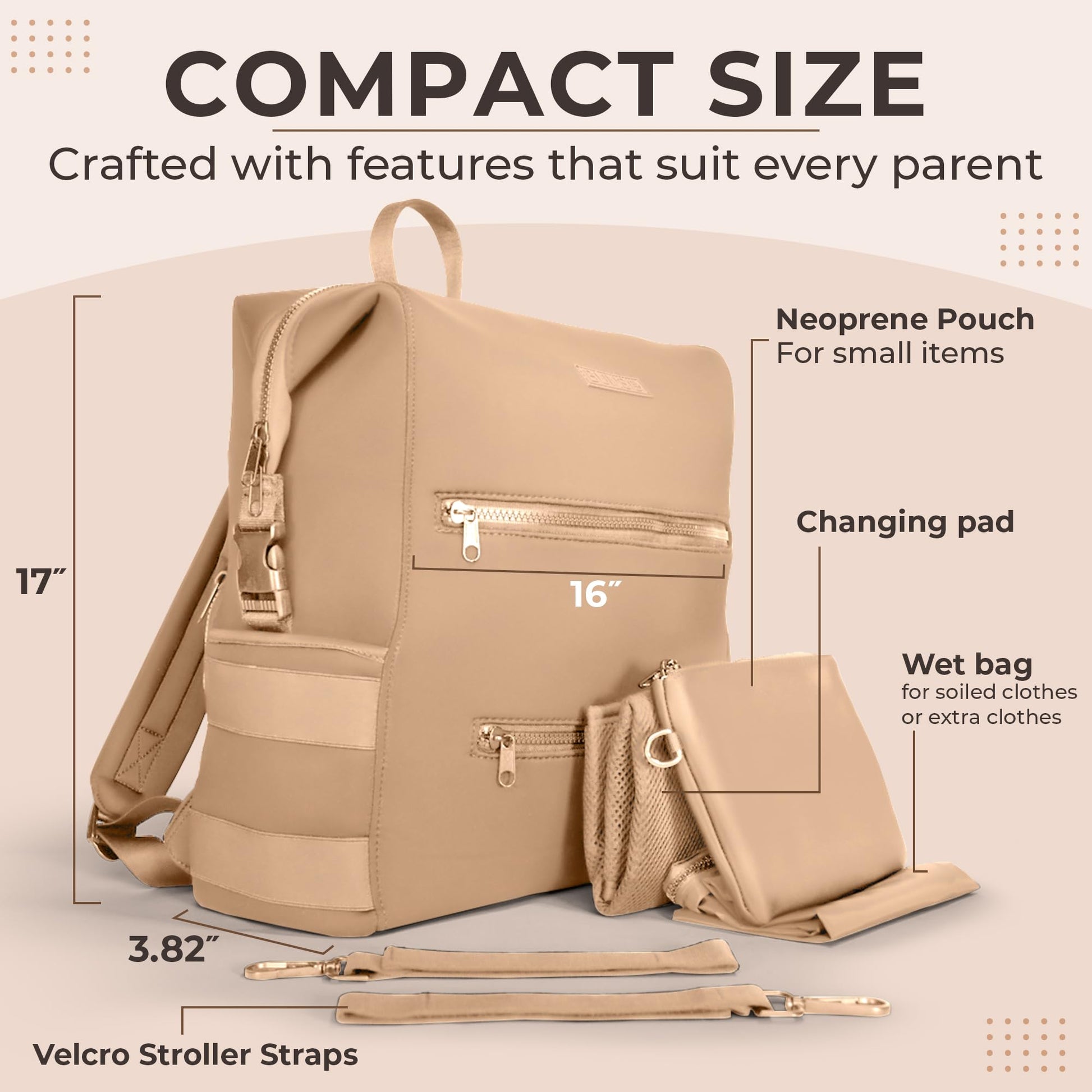 Mochila ligera de neopreno resistente al agua con almohadilla de cambio, correas para ruedas, bolsa húmeda y bolsa, caqui, L