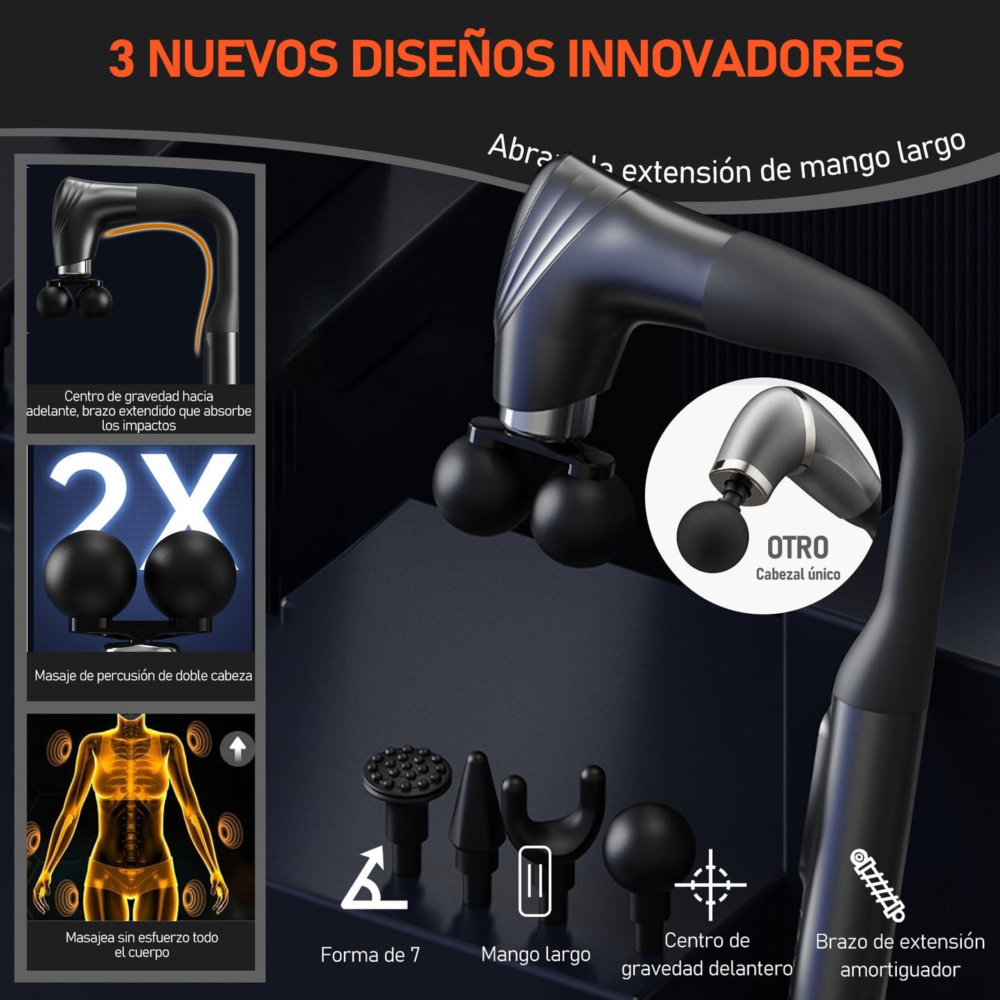 UIORHBQ Pistola de Masaje con Mango Extensión, Massage Gun de Espalda de Doble Bola para Aliviar el Dolor de Tejido Profundo, 5 Cabezales de Masaje y 12 Niveles de Velocidad,para Espalda Cuello Hombro