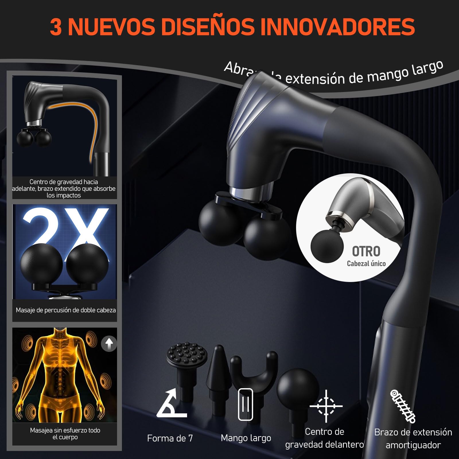 UIORHBQ Pistola de Masaje con Mango Extensión, Massage Gun de Espalda de Doble Bola para Aliviar el Dolor de Tejido Profundo, 5 Cabezales de Masaje y 12 Niveles de Velocidad,para Espalda Cuello Hombro