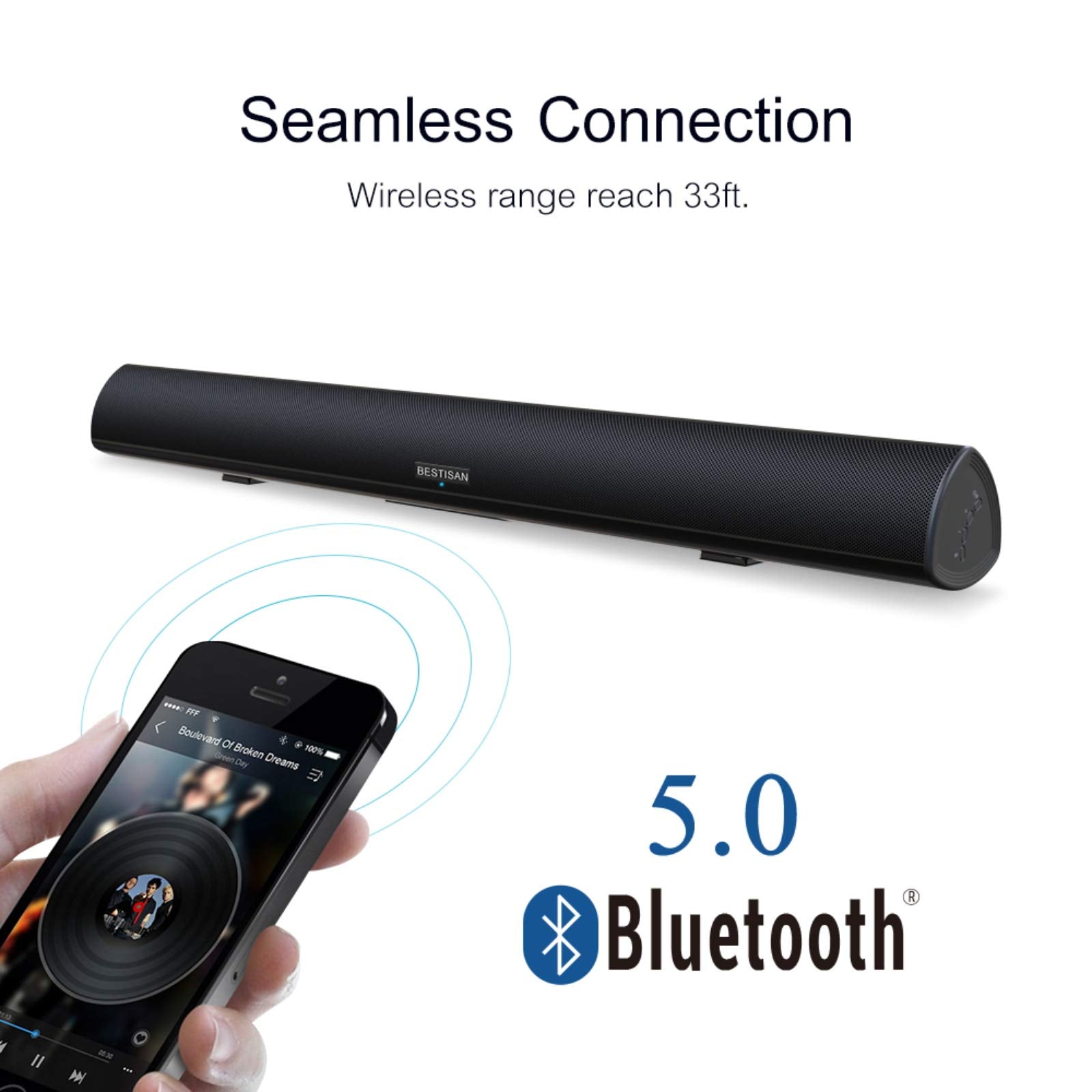 BESTISAN Barra de Sonido de 80 W, 34 Pulgadas, Barra de Sonido Bluetooth 5.0 inalámbrico y con Cable para Cine en casa (DSP, bajo Ajustable, Cable óptico Incluido)