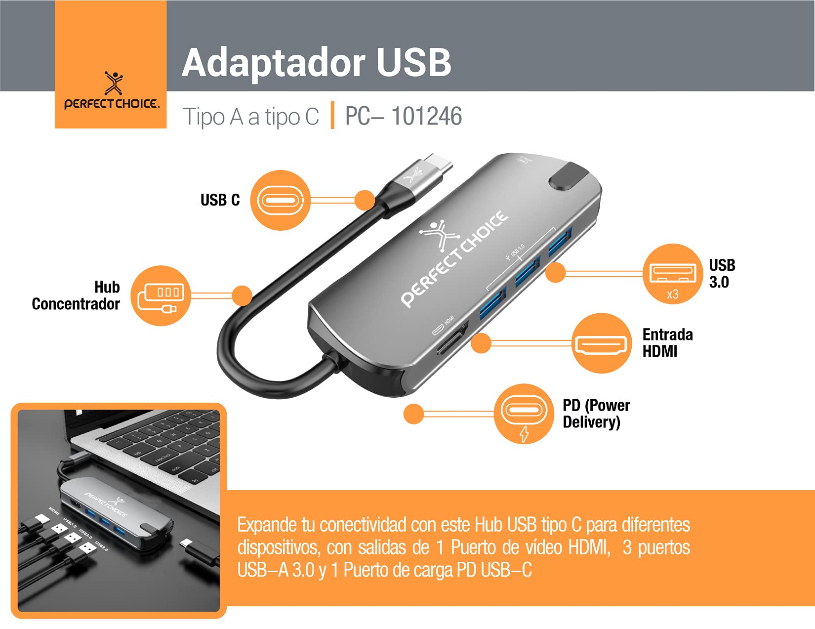 Perfect Choice Hub USB Tipo C con Salidas de 1 Puerto de vídeo HDMI, 3 Puertos USB-A 3.0 y 1 Puerto de Carga PD USB-C, Velocidad de Transferencia hasta 5Gbps,