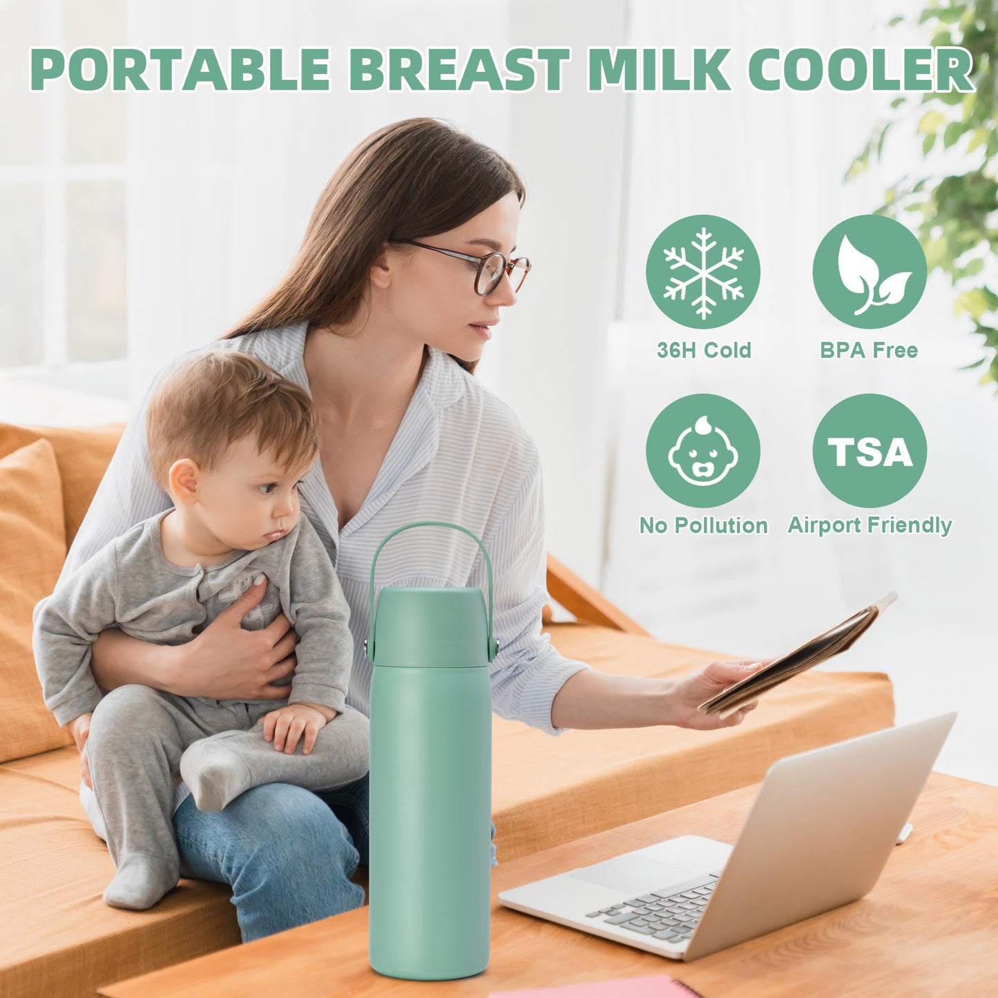 Botella de almacenamiento portátil de leche materna de 36 horas, botella de enfriamiento de leche materna de acero inoxidable con aislamiento al vacío de 20 oz, enfriador de leche materna aprobado por