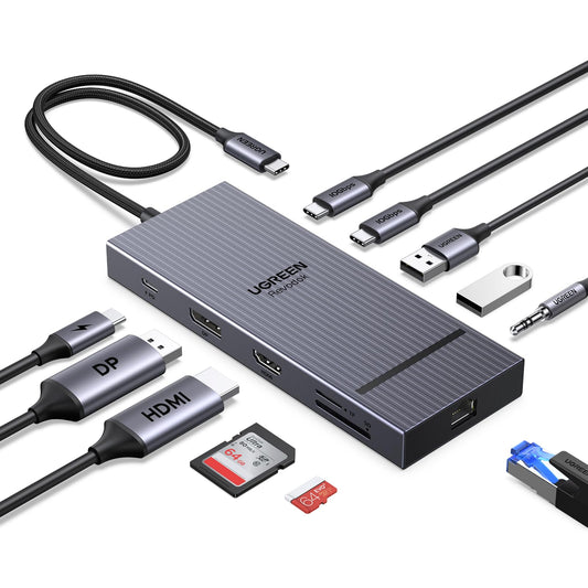Hub USB C UGREEN Negro con DisplayPort 4K a 120 Hz y HDMI 4K, Puertos de Datos USB-C, Carga PD, Ethernet y Lector SD/TF
