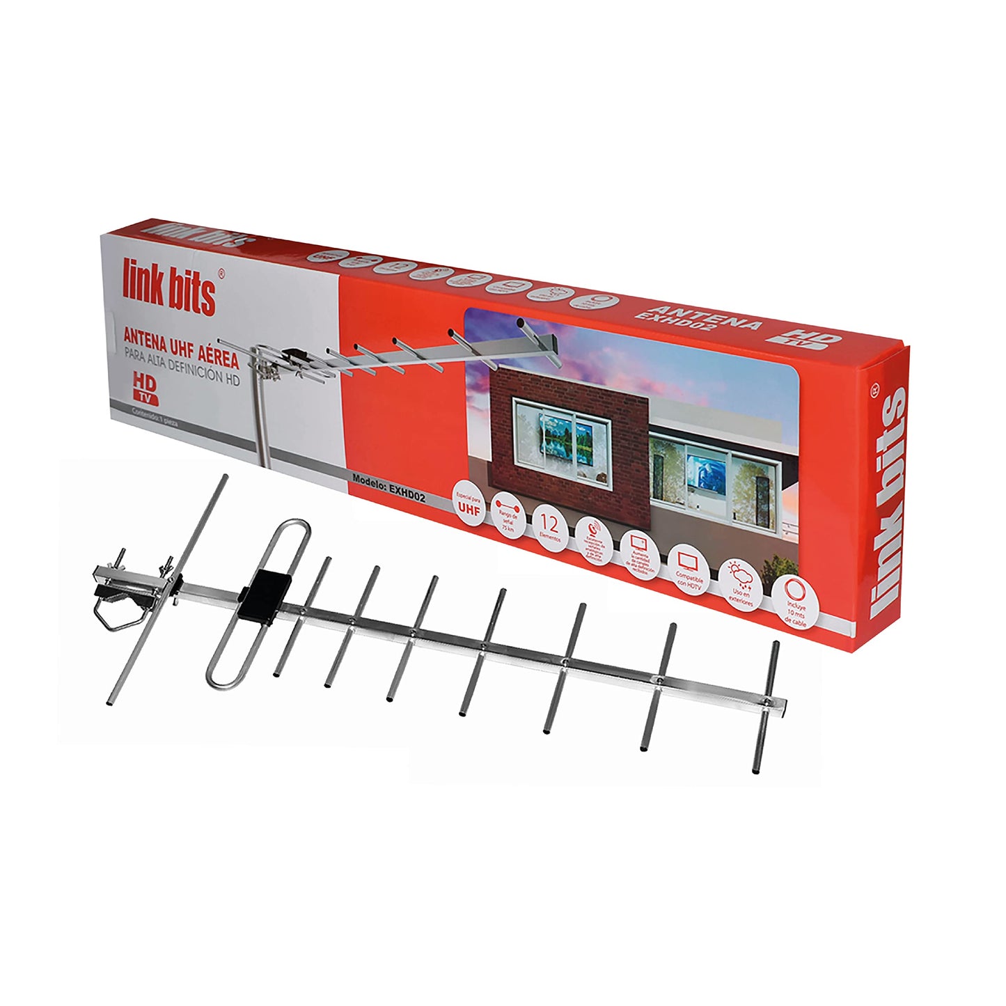 LINK BITS EXHD02 Antena TV Digital Exterior HD, recepción amplificada, Canales televisión Abierta (Incluye 10m de Cable Reforzado)