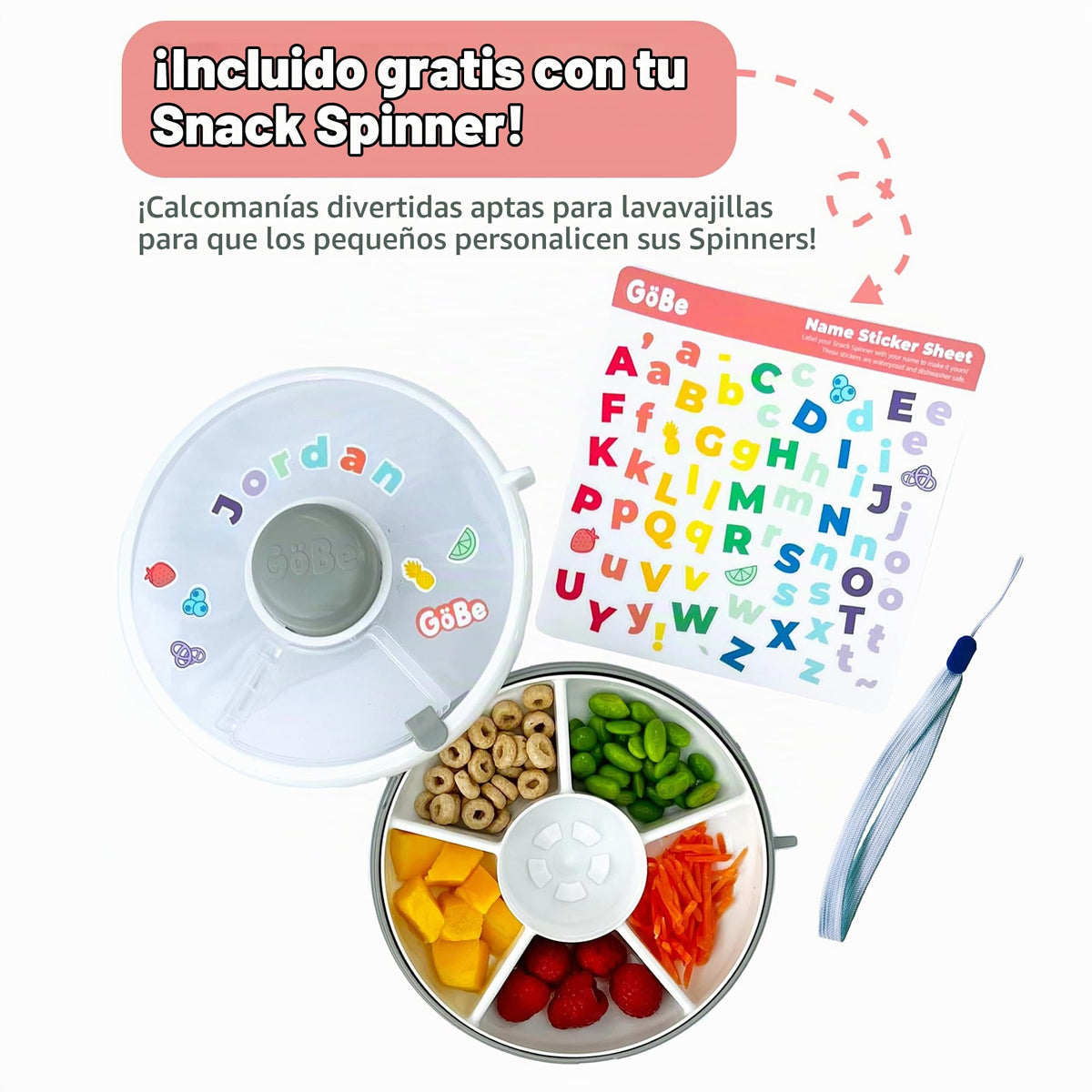 GoBe Paquete de Spinner Pequeño para Snacks de Niños con Correa de Mano y Hoja de Adhesivos - Contenedor de Aperitivos Reutilizable con Dispensador de 5 Compartimentos y Tapa | Libre de BPA/PVC | Apto