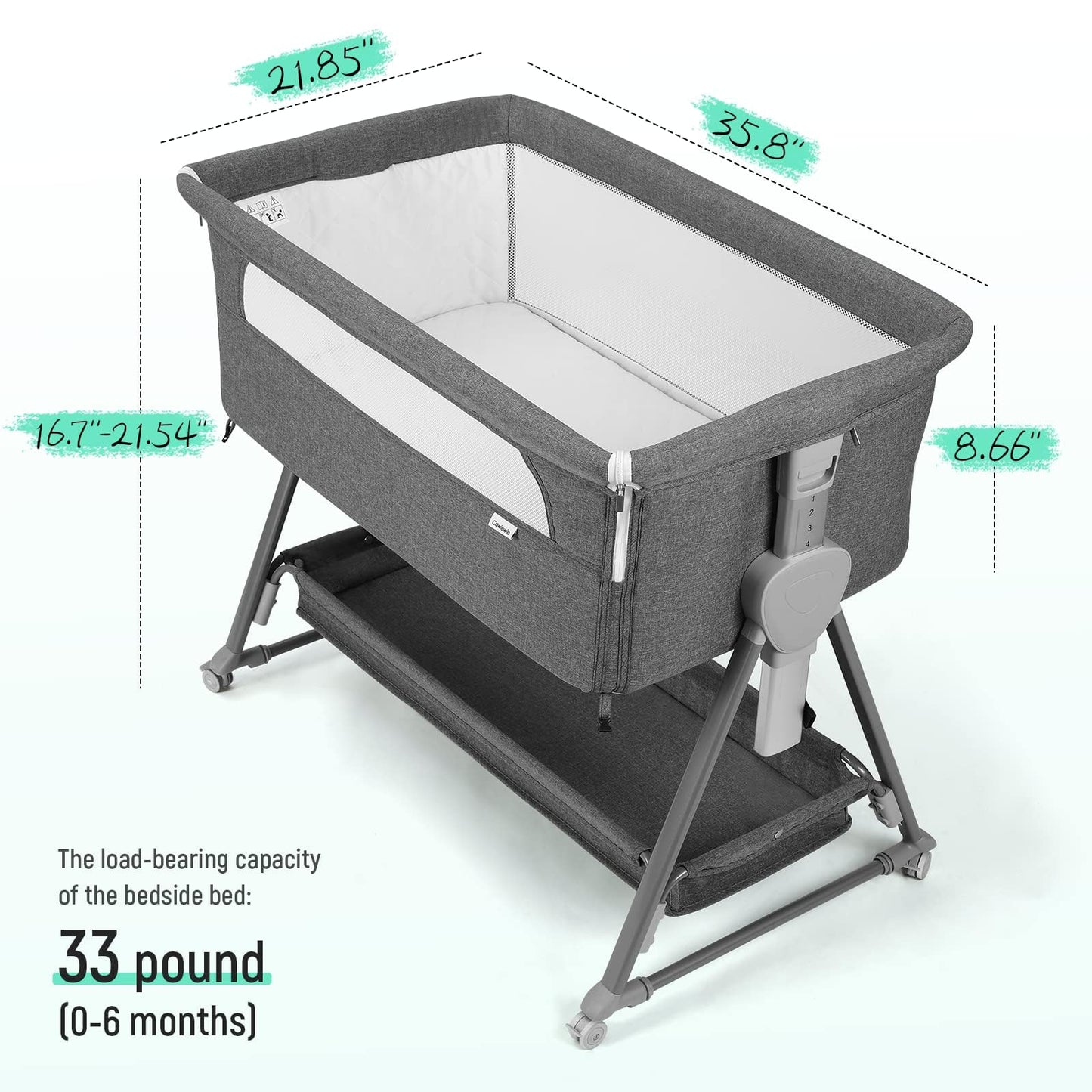 Cowiewie - Moisés para cama de noche, con 7 altura ajustable, moisés de noche para bebé con almacenamiento, malla transpirable y colchón, cuna portátil fácil de plegar (pirámide gris oscuro)