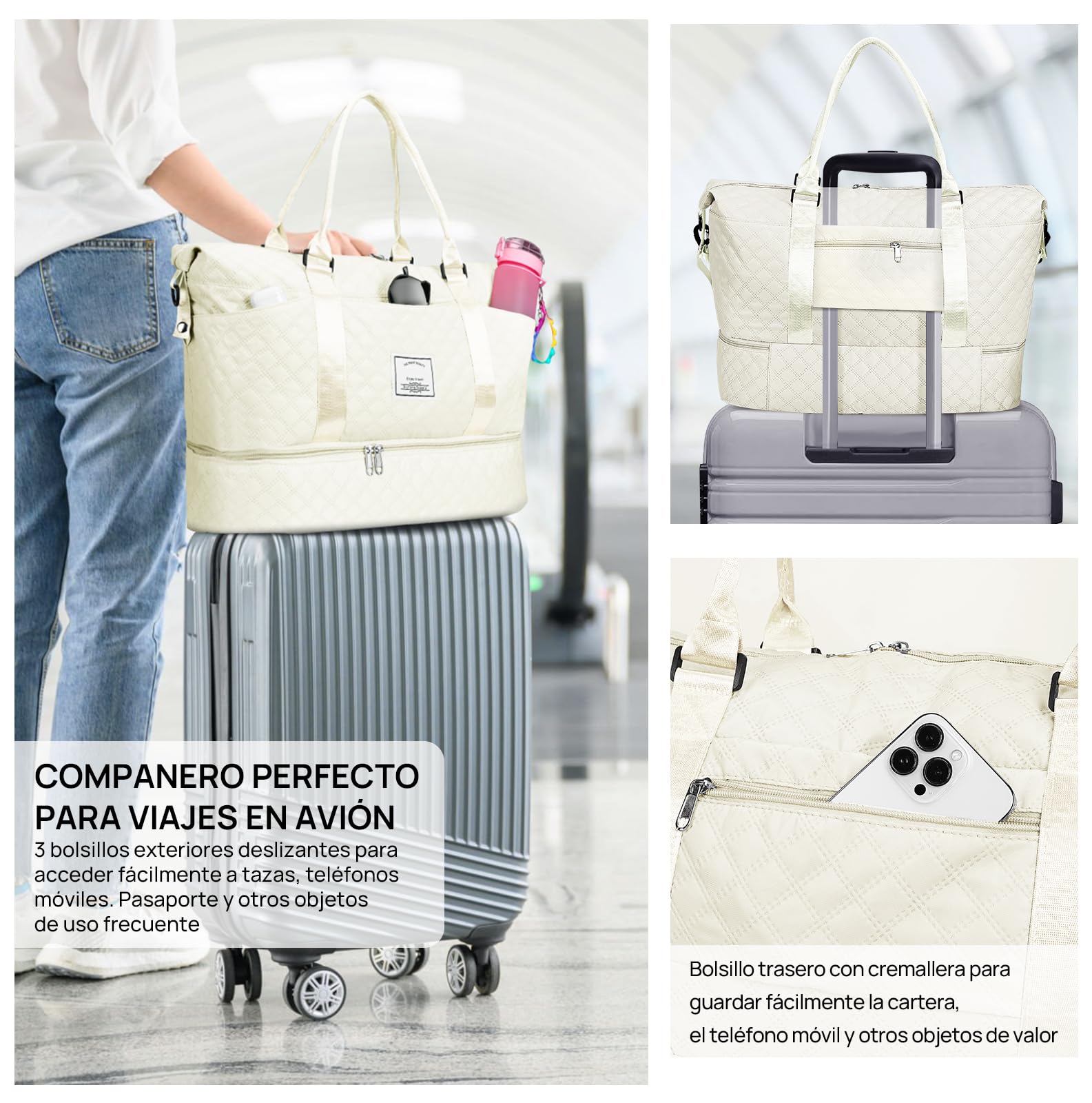 Bolsa de Deporte, Bolsa de Viaje Con Compartimento Para Zapatos y Neceser, Compartimentos Húmedo y Seco, Gran Capacidad, Resistente al Agua (blanco)