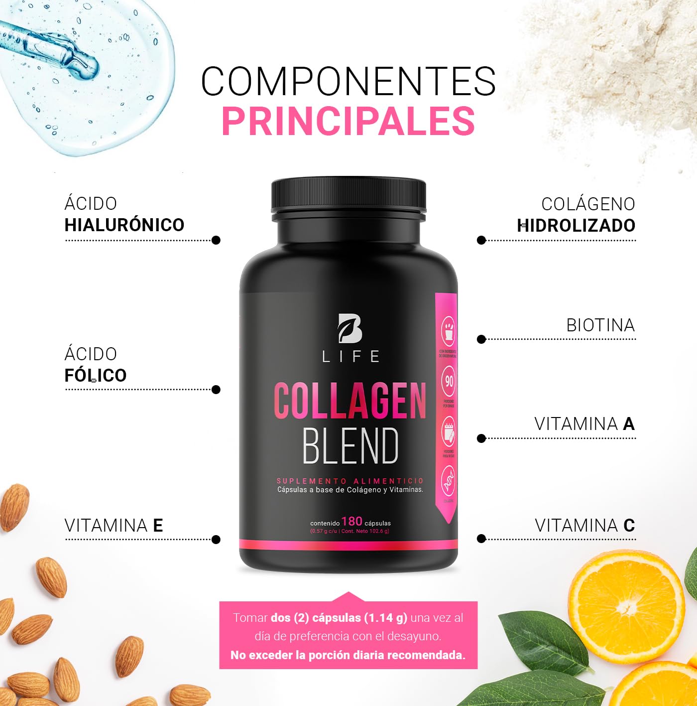 B Life Colágeno Hidrolizado | 200 Cápsulas | 1140 mg por porción | Adicionado con Biotina, Ácido Hialurónico, Ácido Fólico, y Vitaminas | Ingredientes naturales. Collagen Blend B Life.