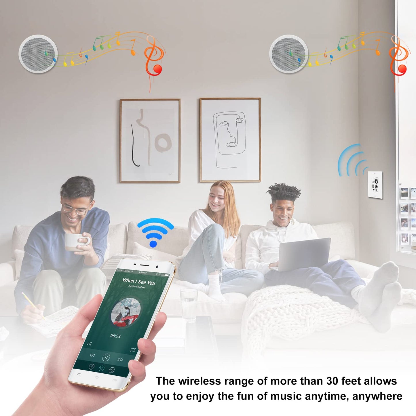 Herdio - Altavoces de techo Bluetooth de 6.5 pulgadas, 320 W, montaje empotrado de 2 vías, receptor amplificador de pared, adecuado para cine en casa, baño, sala de estar, cocina, oficina (blanco,