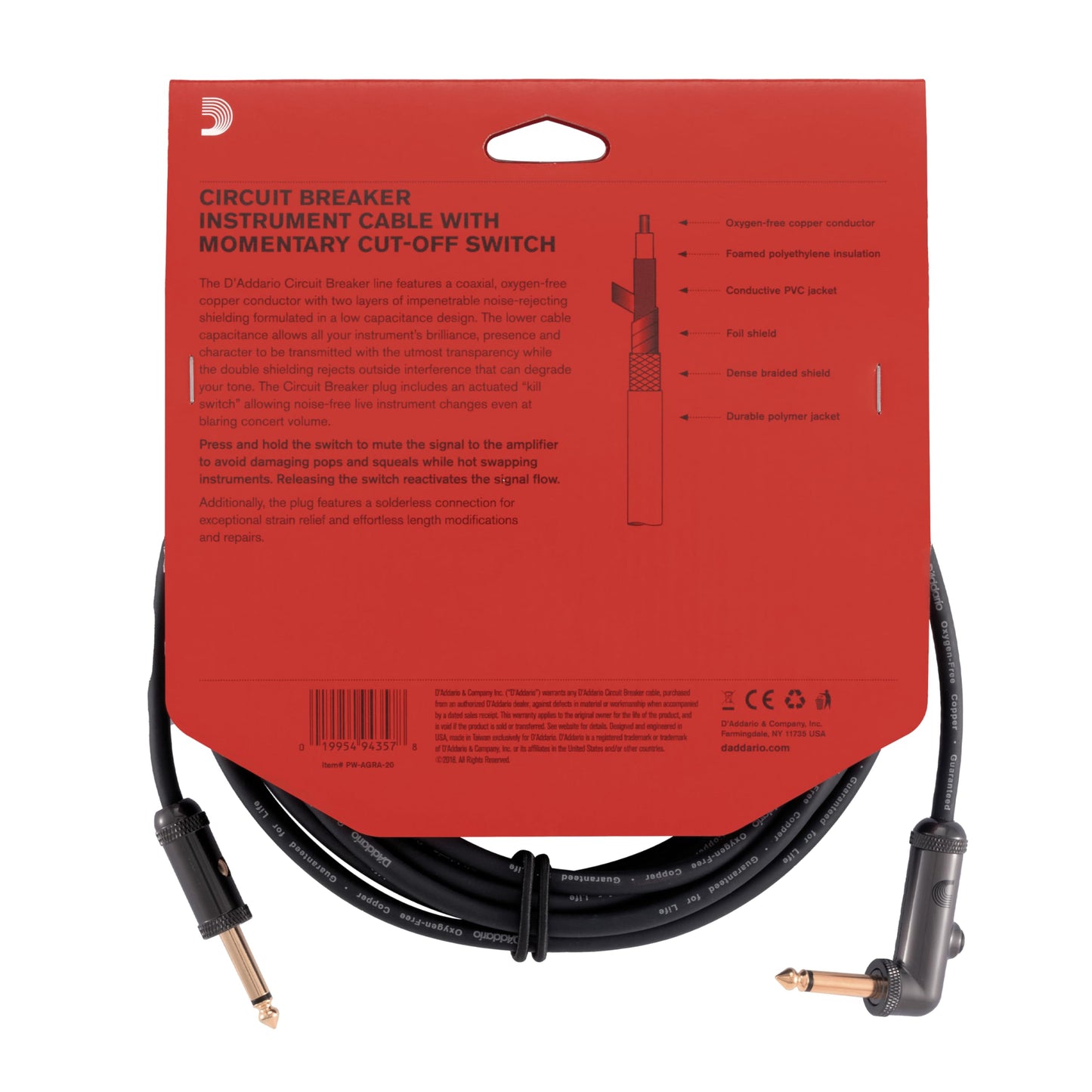 Cable de Instrumento Planet Waves Negro Right Angle 20 Feet