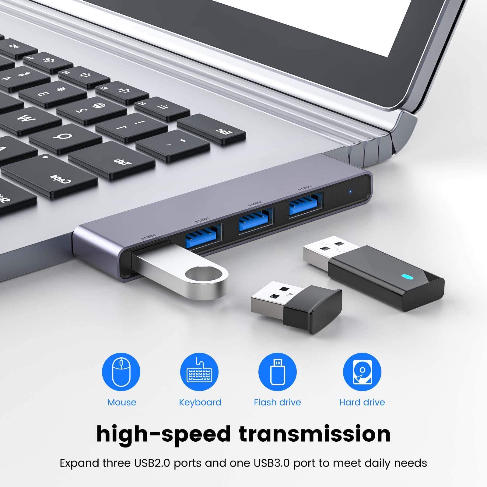 Fidioto Hub USB de 4 puertos (1 concentrador 3.0, 3 concentradores 2.0) divisor USB para computadora portátil, PC con Windows, Mac, impresora, unidad flash, disco duro móvil, PC portátil