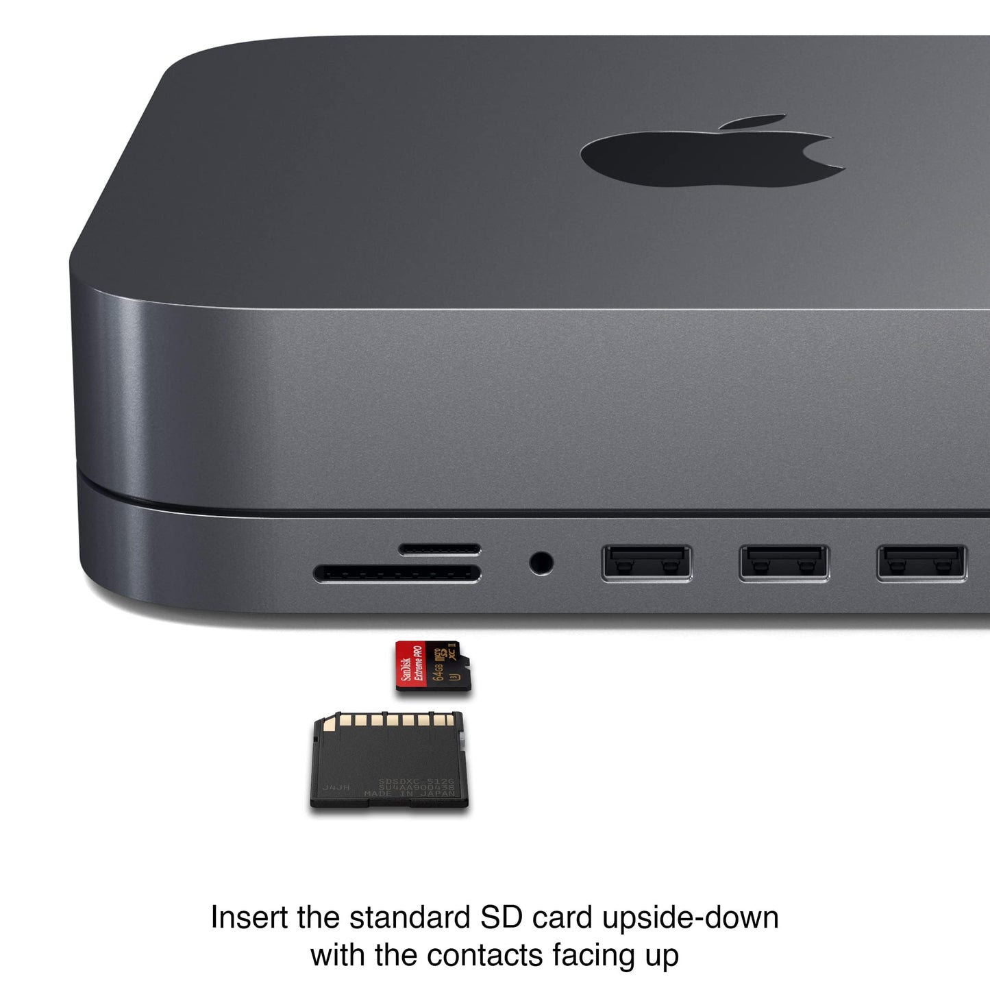 Soporte y Hub Tipo-C SATECHI Gris Espacial con Puerto de Datos USB-C y Lectores de Tarjetas para Mac Mini y Mac Studio