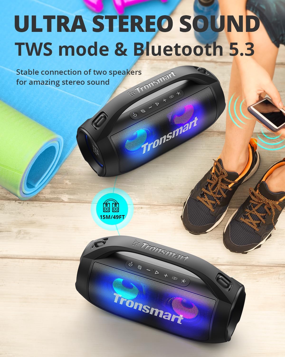 Tronsmart Bang SE Bocina Bluetooth 5.3 40W para Fiestas Luz RGB, IPX6, SoundPulse, Sonido Envolvente Correa para Transportar