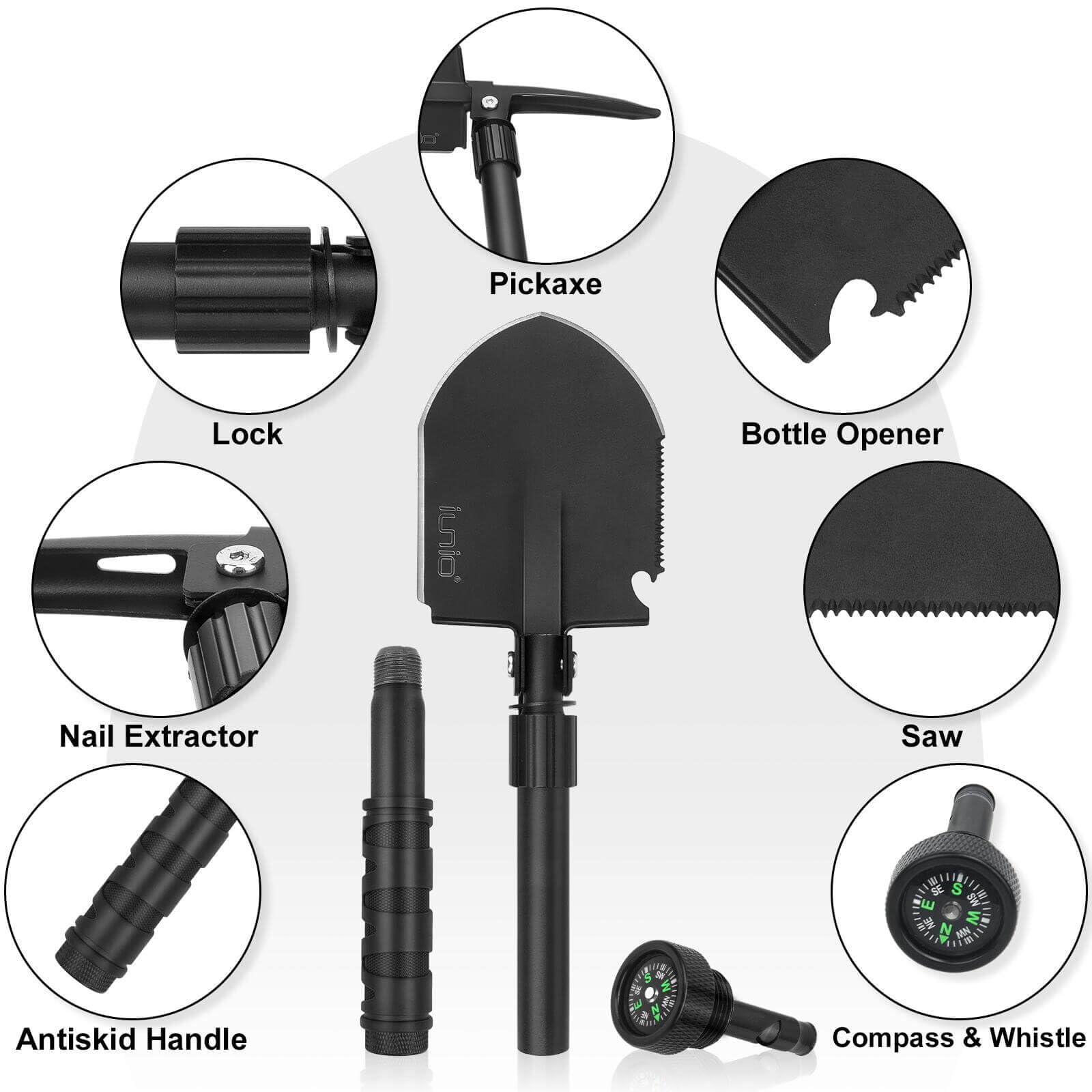 iunio - Pala de supervivencia plegable, herramienta de entrenamiento de grado militar, pala de emergencia plegable para recuperación ante desastres, emergencia de coche, pala multiherramienta con