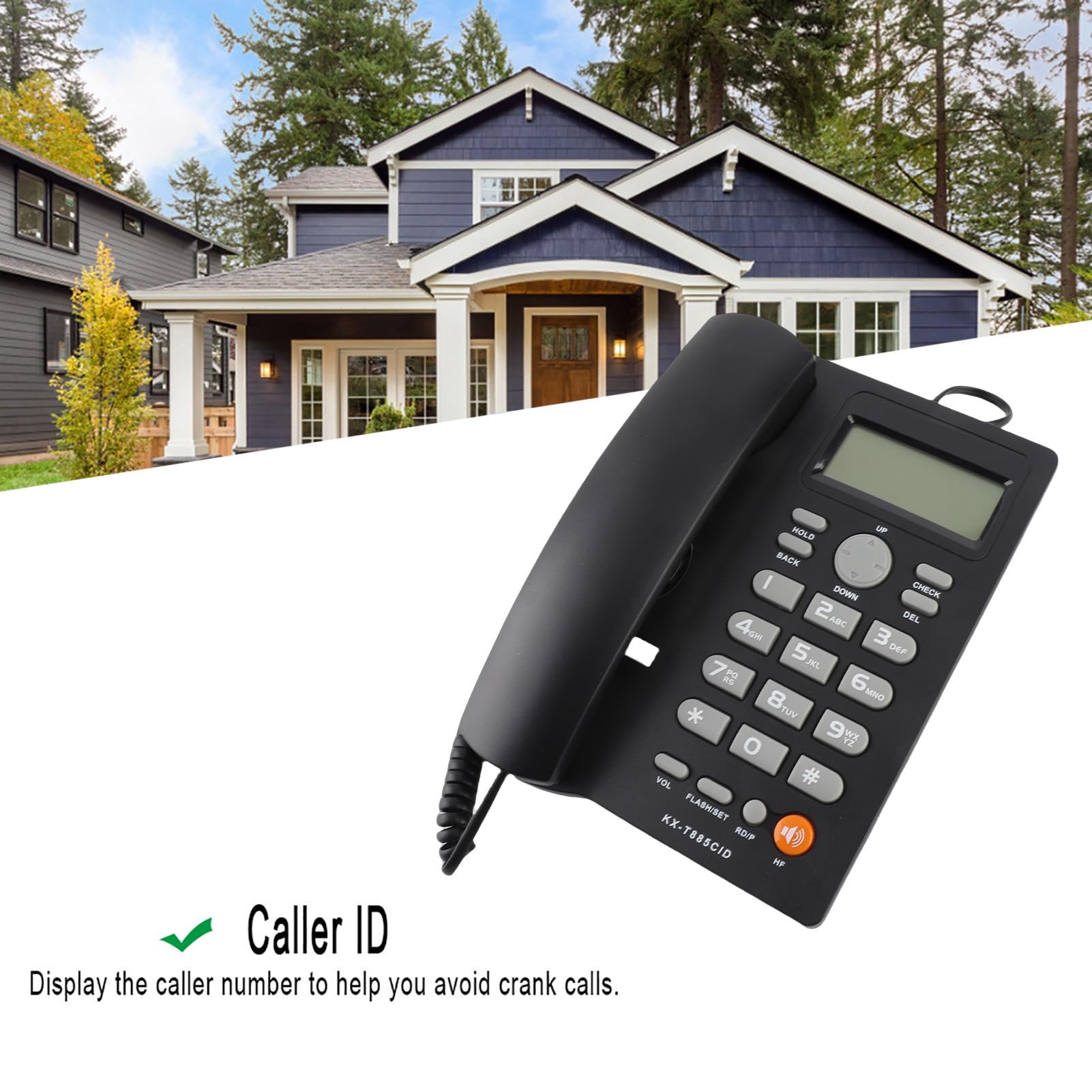 Teléfono, Identificador de Llamadas Teléfonos con Cable, Teléfono con Cable Inglés, Llamadas con Manos Libres Oficina en el Hogar Teléfono Fijo del Hotel(Negro)